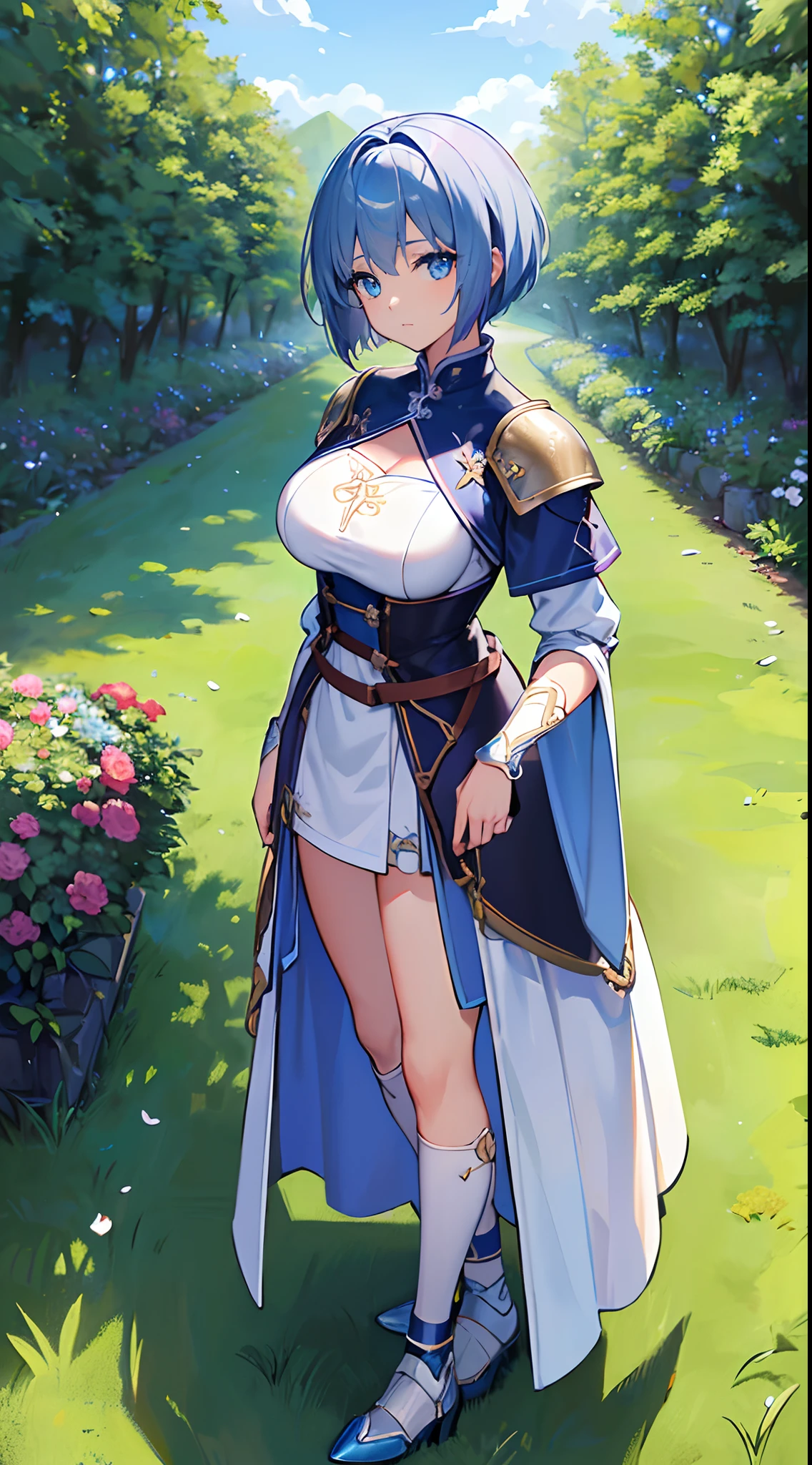 Solo,Absurd resolution、hight resolution、(masterpiece:1.4)、ultra-detailliert、(Detailed finger),(One girl)、Beautiful detailed girl、A detailed face、clear and beautiful, Character as the main point of view, Radiant skin, Girls, femele, 年轻, (blue hairs),(shorth hair),(short-cut),(Shortcut Hair),(blue eyess)kawaii、beautiful countenance、beautidful eyes,((Knights))、Fantasy costume,Original Character,((Wearing armor)),((Costumes of medieval Europe)),,(Colossal tits:1), (thighs thighs thighs thighs:0.8),(Facing:1.2),(Full body portrait),(Standing:1.3),(shoes on),Simple background、((white backgrounid)), Female Warrior