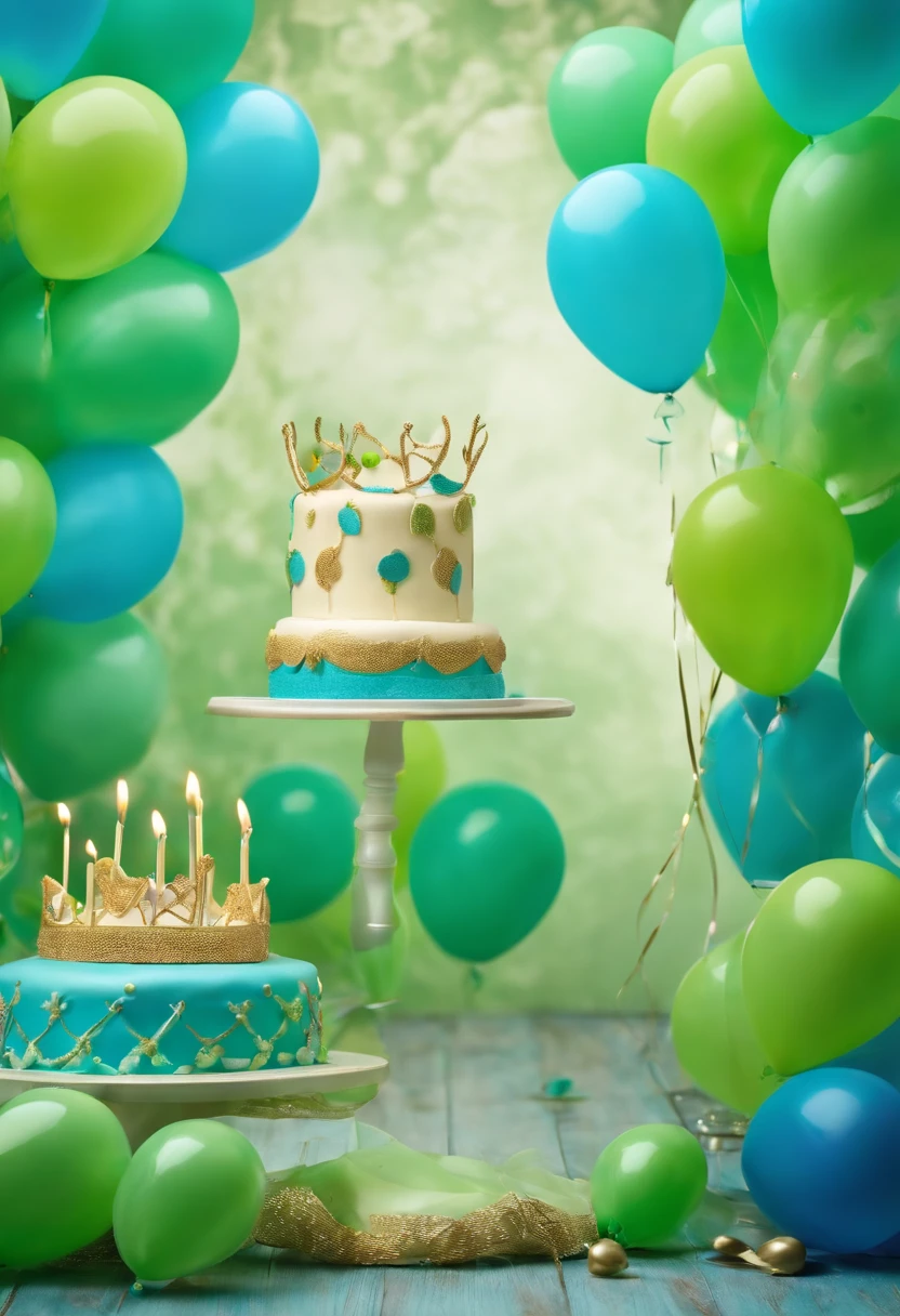 children's background with blue and green balloons, a cake on the floor and sailor decoration