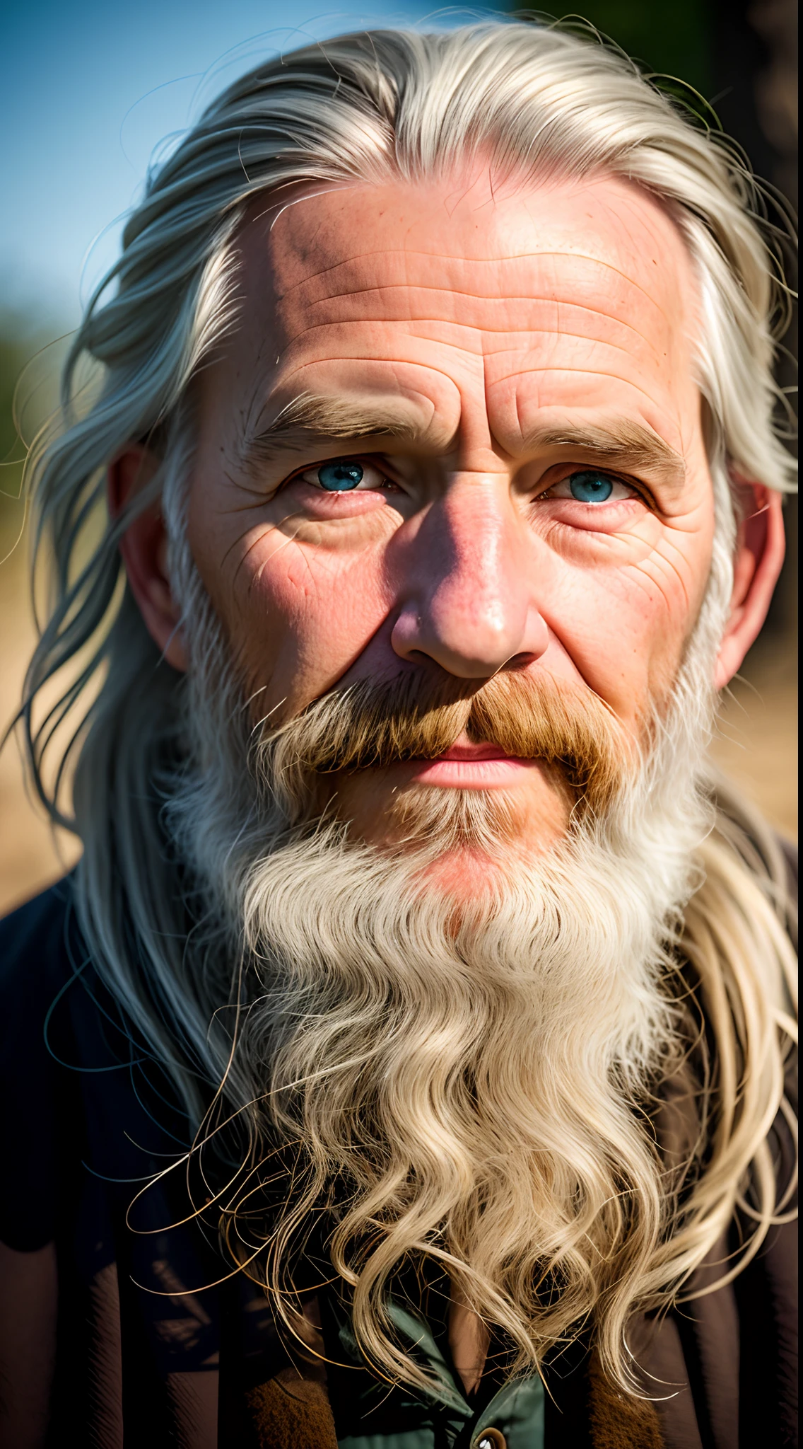 dark theme, ultra resolution, hyper realistic, hdr, absyrdres, cinematic shot, vignette, centered, short DOF,

a closeup portrait of an old man, Scandinavian, looking at camera,
blue old eyes,
short white hair, one braided hair curl, white VIKING BEARD,
missing teeth,
narrow face
dark skin, wide shoulders, weathered by sun and sat water,
royal doublet with gold patterns,

royal chambers

camera focus on an eye, high focal length, dslr, 200mm lens,
photo by Cristina Otero, dark studio, rim lighting, two tone lighting, dimly lit, low key, backlight,