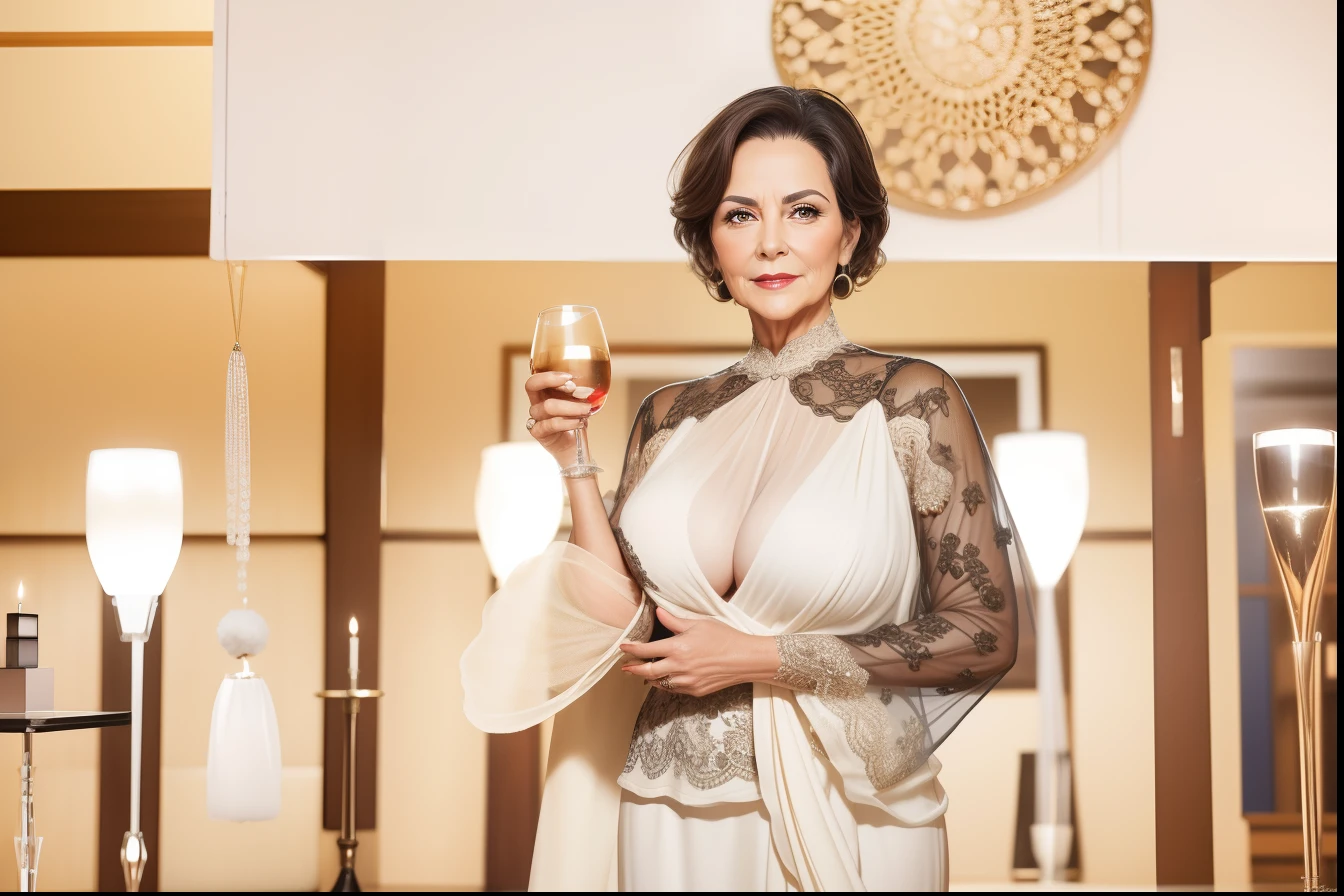 Portrait of a 60-year-old woman with short brown hair, a captivating gaze, Brown eyes, Wrinkles on her face, She wears a very sexy black evening dress that reveals big flabby breasts, Light makeup and red lips. 32K