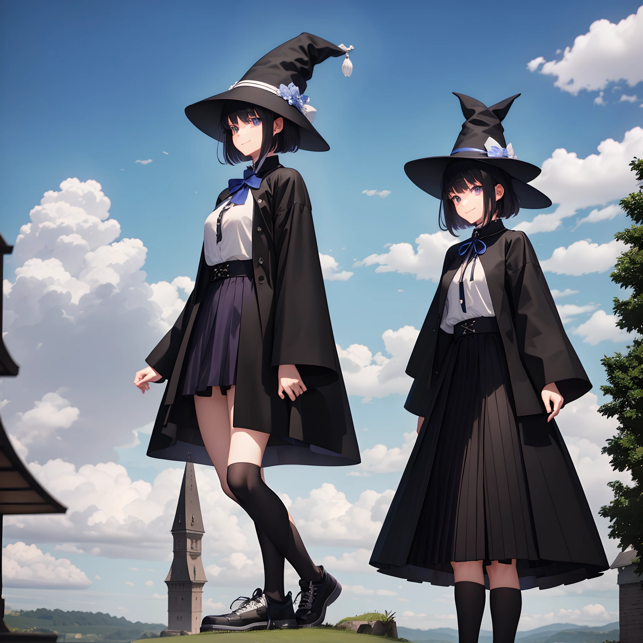 A mystical otherworldly half-timber town、Standing Girl、Black coat、white t-shirt、a black skirt、beautiful thigh、Beautiful calves、White short hair with blue-purple mesh、Looking at me with a smile、Black sneakers with white shoelaces、Large witch hat with sapphire accessories、Dark brown eyes with highlights、On a hilltop with a panoramic view of the town、A large castle in historic Germany、hiquality、high-level image quality、