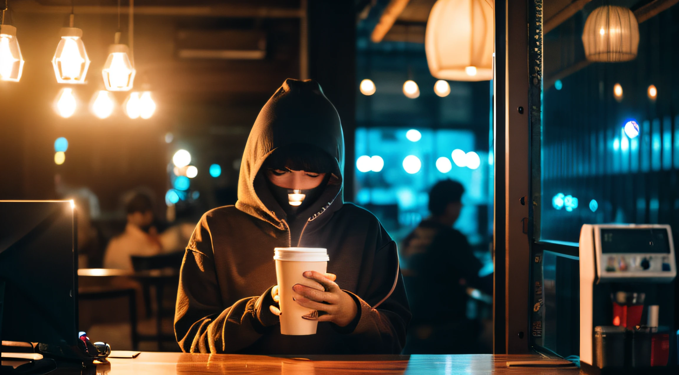 coding at night, hacker, coffee shop, detalhes altos, 4k, code, detalhes, 2K