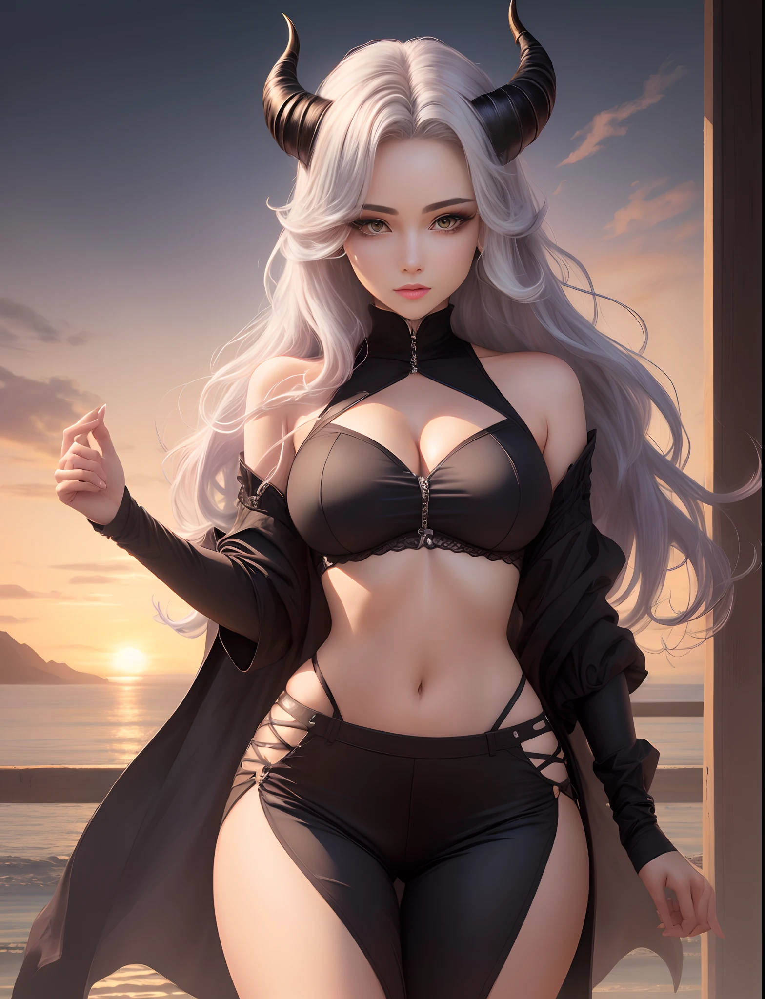 Personagem feminina 2d, com cabelos brancos com o comprimento batendo na altura da bunda, with demon horns, cintura fina, cor da pele branca, olhos vermelhos, Slim waist and medium size boobs.