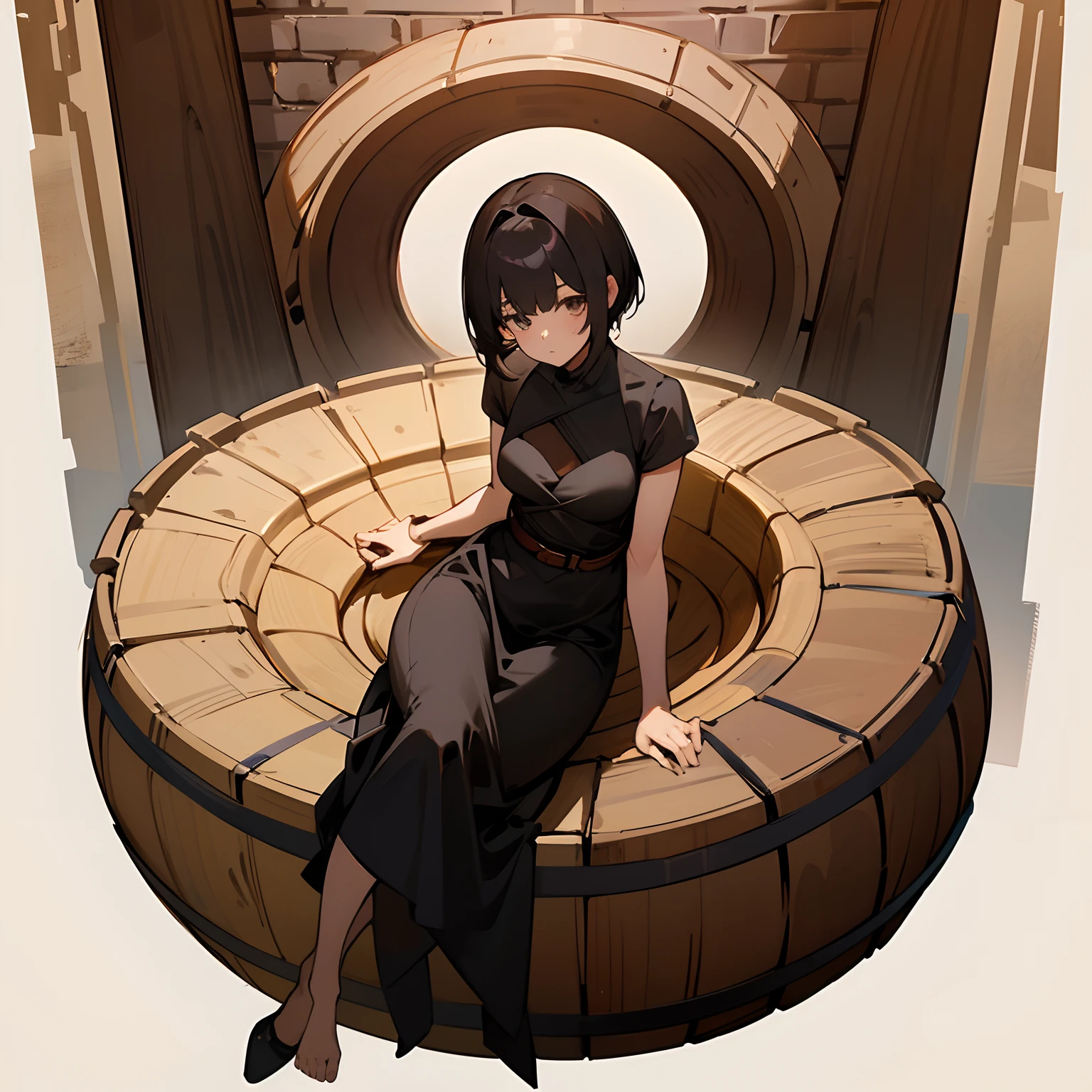 Please create an image of a full-body, short-haired girl sitting on a large, old wine barrel. Provide detailed descriptions of the girl's appearance, the weathered state of the wine barrel, the setting around her, and any other elements to craft a unique and captivating scene.