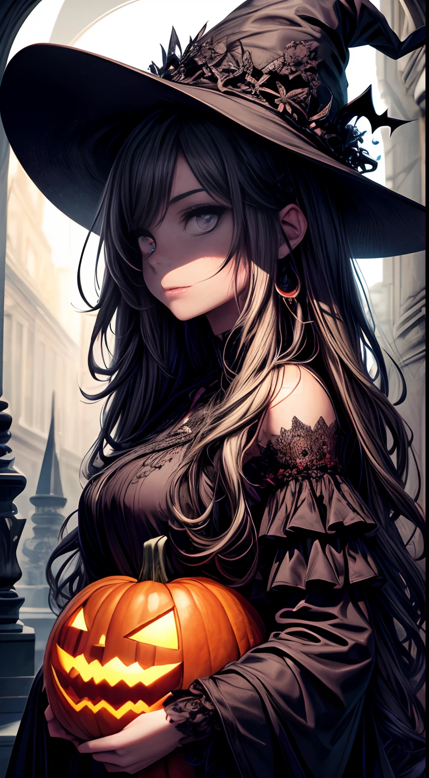 (Best quality,A high resolution,Masterpiece:1.2),Ultra-detailed,(Realistic:1.37),Cartoon style,Spooky Halloween,pumpkin lantern,creepy atmosphera,Vibrant colors,Dim lighting,Haunting shadows,ethereal glowing,Engaging illustrations,Detailed pumpkin carving,a witch's hat,Bats fly in the dark,The full moon casts a shadow,Charming forest background,Whimsical characters,Dark and mysterious atmosphere,Impressive artistry,stunning visuals,Engaging storytelling,Playful and spooky atmosphere,Engaging artwork,Spooky pumpkins,ghostly figure,Uneasy gaze,Deep contrast,hauntingly beautiful,Fascinating details,Animation expressions,Surreal background,Haunted house silhouette,Candy snacks,Whispering wind,mesmerizing charm,Adventures in the moonlight,Trick or treat without sugar,Ghoulish Delights,fantasy world,Charming pumpkins.