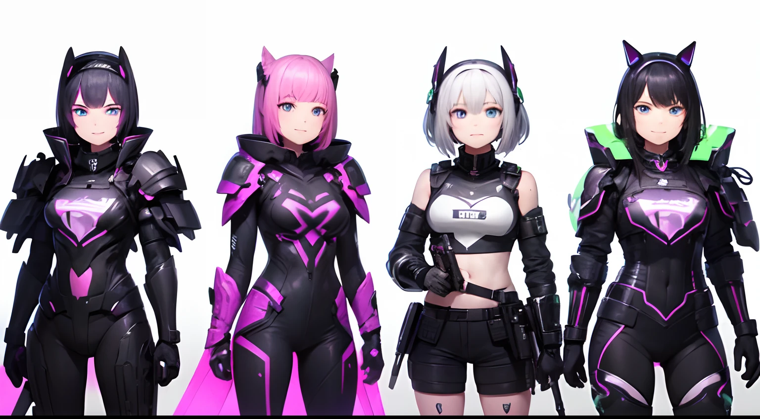 A team of five girls: Camera in the distance, futuristic style, wicked smile, Black and white armor with a neon purple pattern on the armor around the edges, Fully Covered Body, Neon, lettering "Tears Frontage" Above them, whitebackground