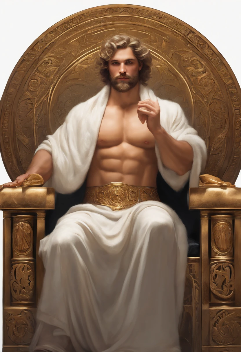 Portrait of an elegant stout mighty God unleashing all his powers, digital painting in the style of Robert Liberace, dynamic action poses of stout zeus, god of thunder, greek god, blond hair, male, mature, handsome, upper body, muscular, hairy torso. Zeus Is sitting on His trhone in all of His glory, while handsome young  Prince Ganymede Sits on zeus's lap. Ganymede Is completely naked. His lean AND well formed young body, His uncircumcised penis AND His blonde pubic hair are completely on display. Zeus, looking completely pleased, pours a cup of wine over ganymede's naked young male body fantasy, intricate, elegant, highly detailed, digital painting, art station, concept art, soft, sharp focus, illustration, art by Robert Liberace, Gaston Bussiere and Alphonse Mucha, klimt, art deco