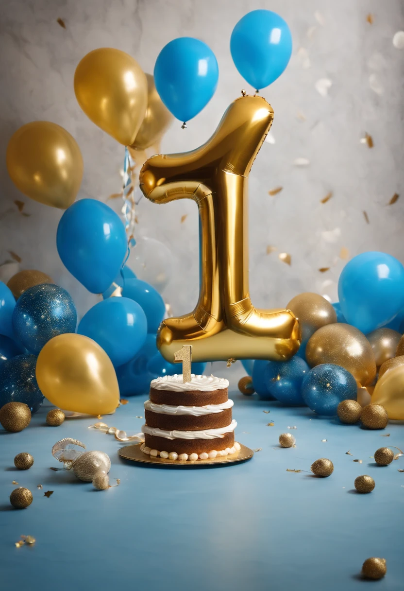 children's background with blue and gold balloons, a cake on the floor and a sailor decoration with the number 1