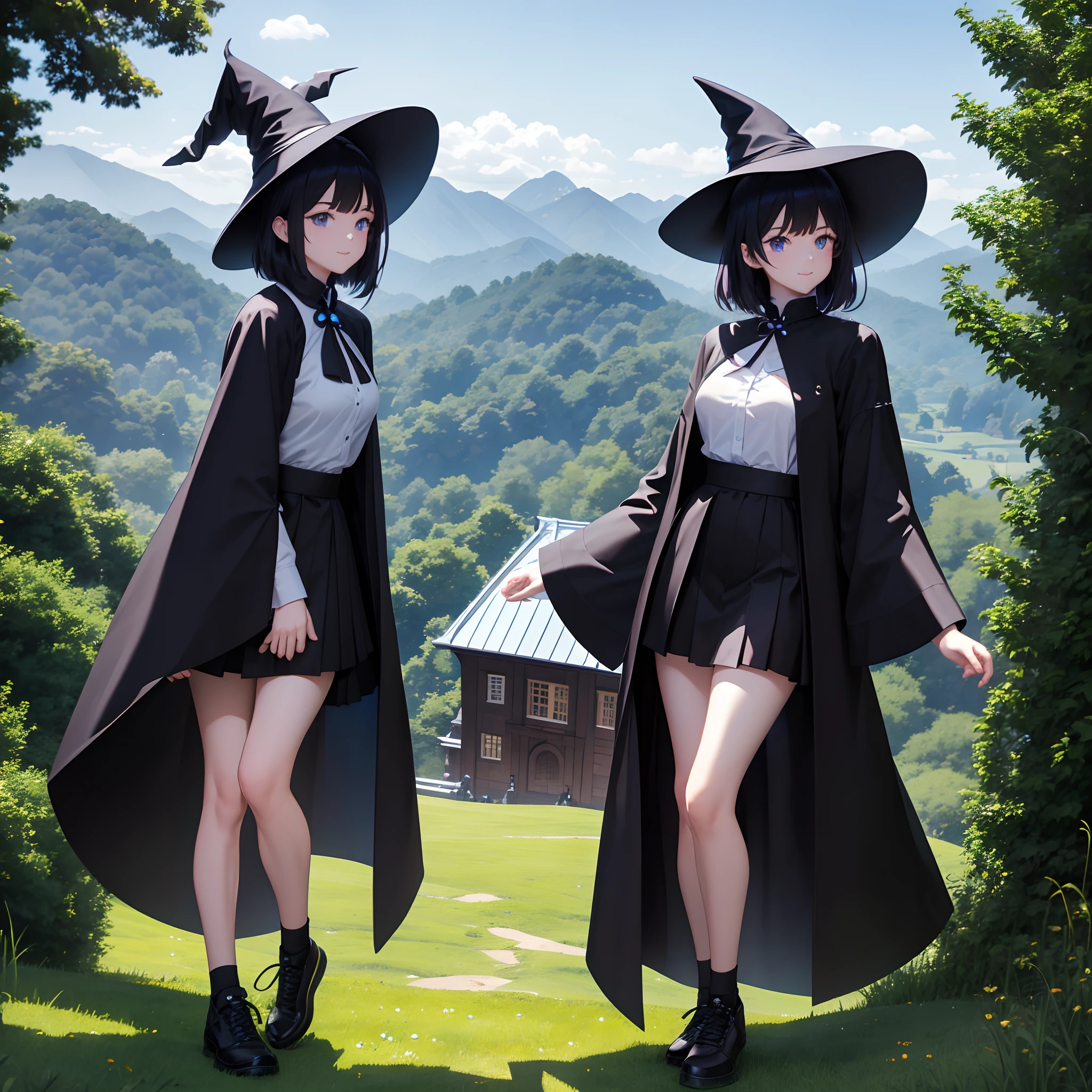 A mystical otherworldly half-timber town、Standing Girl、Black coat、white t-shirt、a black skirt、beautiful thigh、Beautiful calves、White short hair with blue-purple mesh、Looking at me with a smile、Black sneakers with white shoelaces、Large witch hat with sapphire accessories、Dark brown eyes with highlights、On a hilltop with a panoramic view of the town、A large castle in historic Germany、hiquality、high-level image quality、
