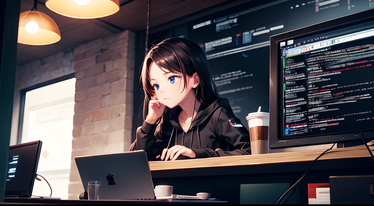 coding at night, hacker, coffee shop, detalhes altos, 4k, code, detalhes, 2K