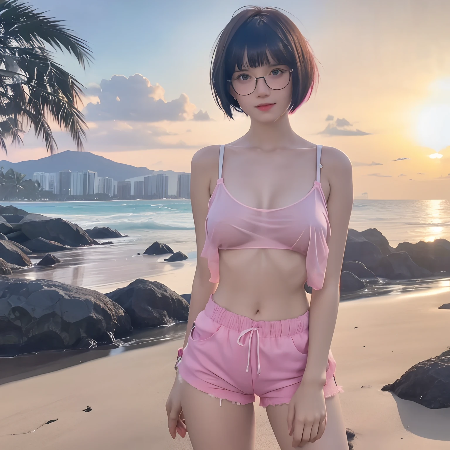  cute girl with black short bob hair and bangs, she is in eyeglasses, pink-strapped transparent white camisole, no bra, tits, erect nipples, erect tits, pink shorts, petite body, see-through, her skin bright, beautiful light blue eyes, sunset, tropical beach, she's doing selfie, 8k detailed high quality, nsfw, semi-realistic