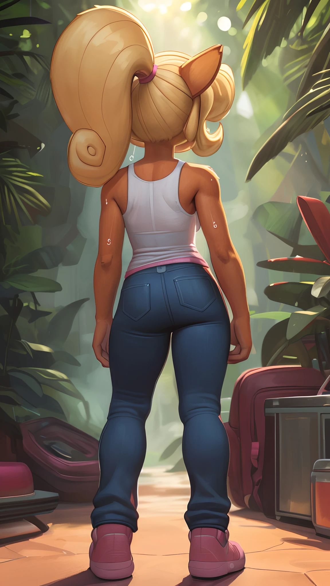 [Coco bandicoot], [Uploaded to e621.net; (Pixelsketcher), (wamudraws)], ((masterpiece)), ((high quality)), ((HD)), ((solo portrait)), ((full body)), ((back view)), ((furry; anthro)), ((detailed fur)), ((detailed shading)), ((beautiful render art)), ((back view)), ((eyes not visible)), ((shoes visible)), ((intricate details)), {anthro; orange fur, black nose, (pink eyeshadow), (expressionless), (sweating), blonde curly hair, curly ponytail}, {(white tank top pink lining), (small boobs), (tight jeans), (pink sneakers)}, {(standing), (looking ahead)}, [background; (tropical forest), (garage), (sun rays), (pink laptop on floor)]