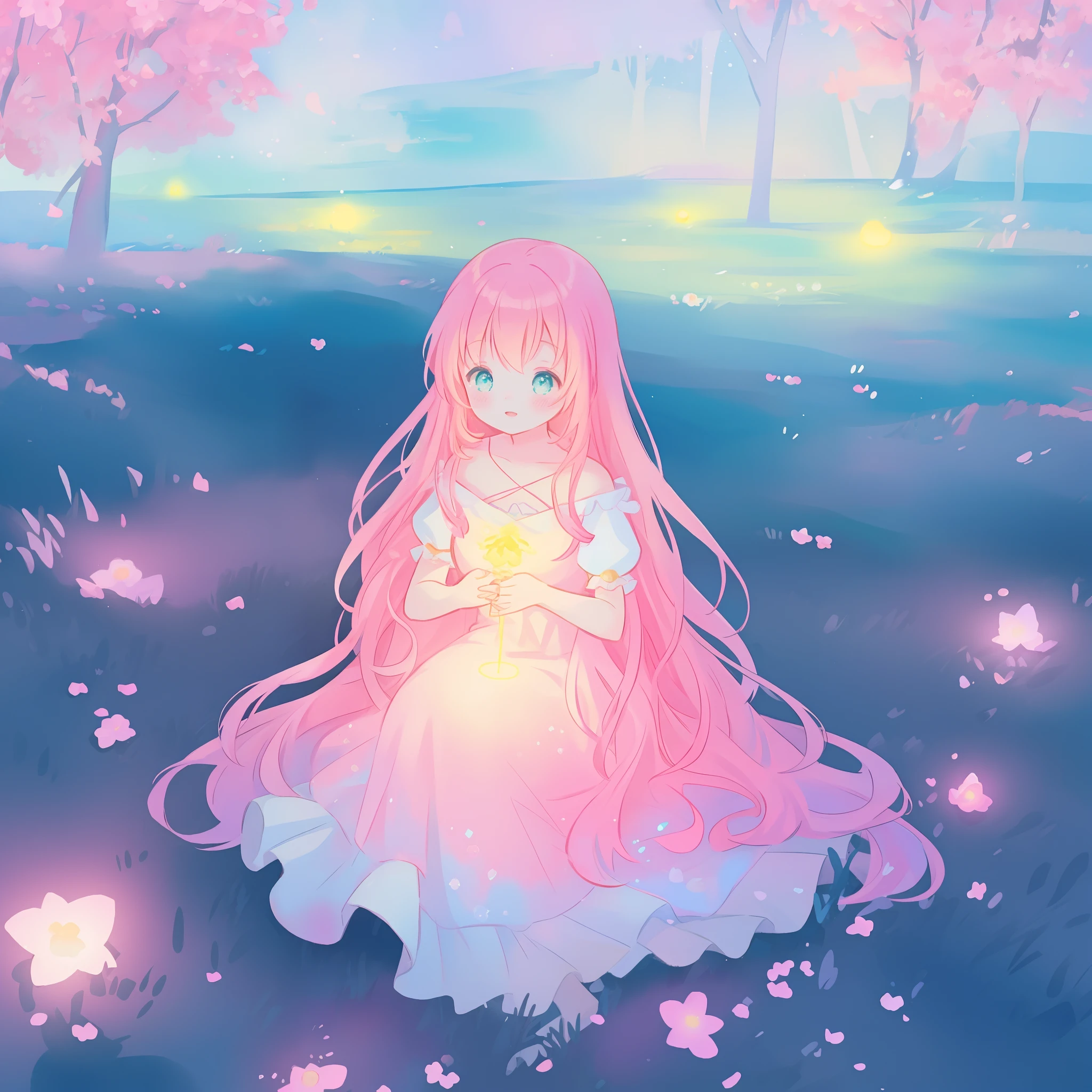 beautiful girl in gradient colorful dress, yellow pink purple fairy dress, beautiful girl sitting in a field with pink red flowers, puffy pink flowers, glowing lights, whimsical landscape, long dark blue flowing hair, watercolor illustration, inspired by Glen Keane, inspired by Lois van Baarle, disney art style, by Lois van Baarle, glowing aura around her, by Glen Keane, jen bartel, glowing lights! digital painting, flowing glowing hair, glowing flowing hair, beautiful digital illustration, fantasia otherworldly landscape plants flowers, beautiful, masterpiece, best quality, anime disney style