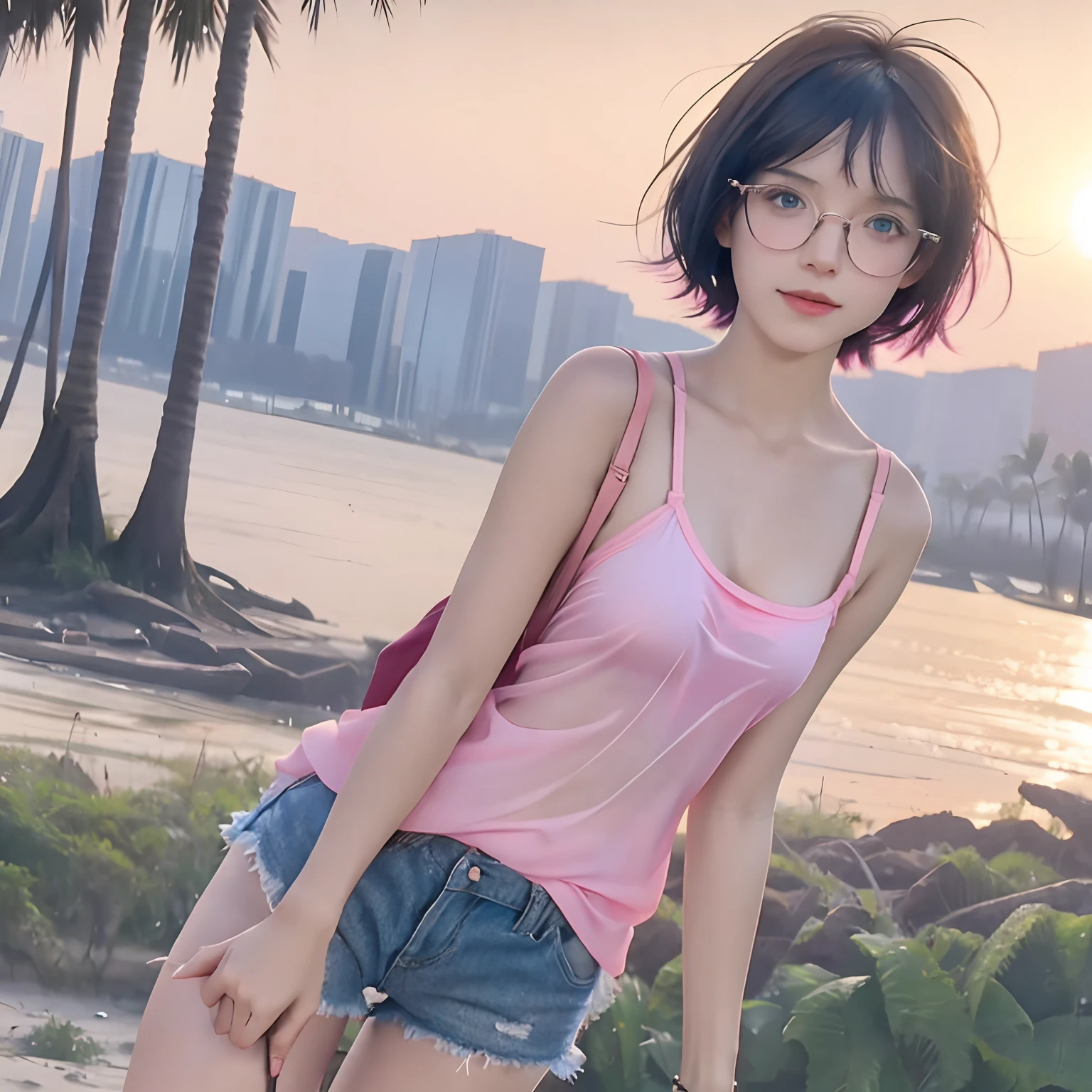 16 years old cute girl with black short bob hair and bangs, she is in eyeglasses, pink-strapped transparent white camisole, no bra, tiny breast, tits, erect nipples, erect tits, pink shorts, petite body, see-through, her skin bright, beautiful light blue eyes, sunset, tropical beach, she's doing selfie, 8k detailed high quality, nsfw, semi-realistic