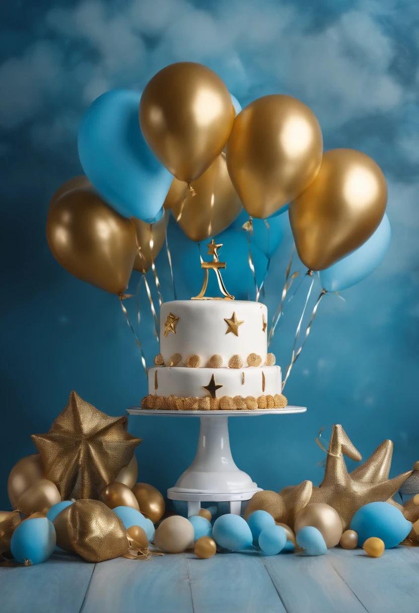 children's background with blue and gold balloons, a cake on the floor and a sailor decoration with the number 1