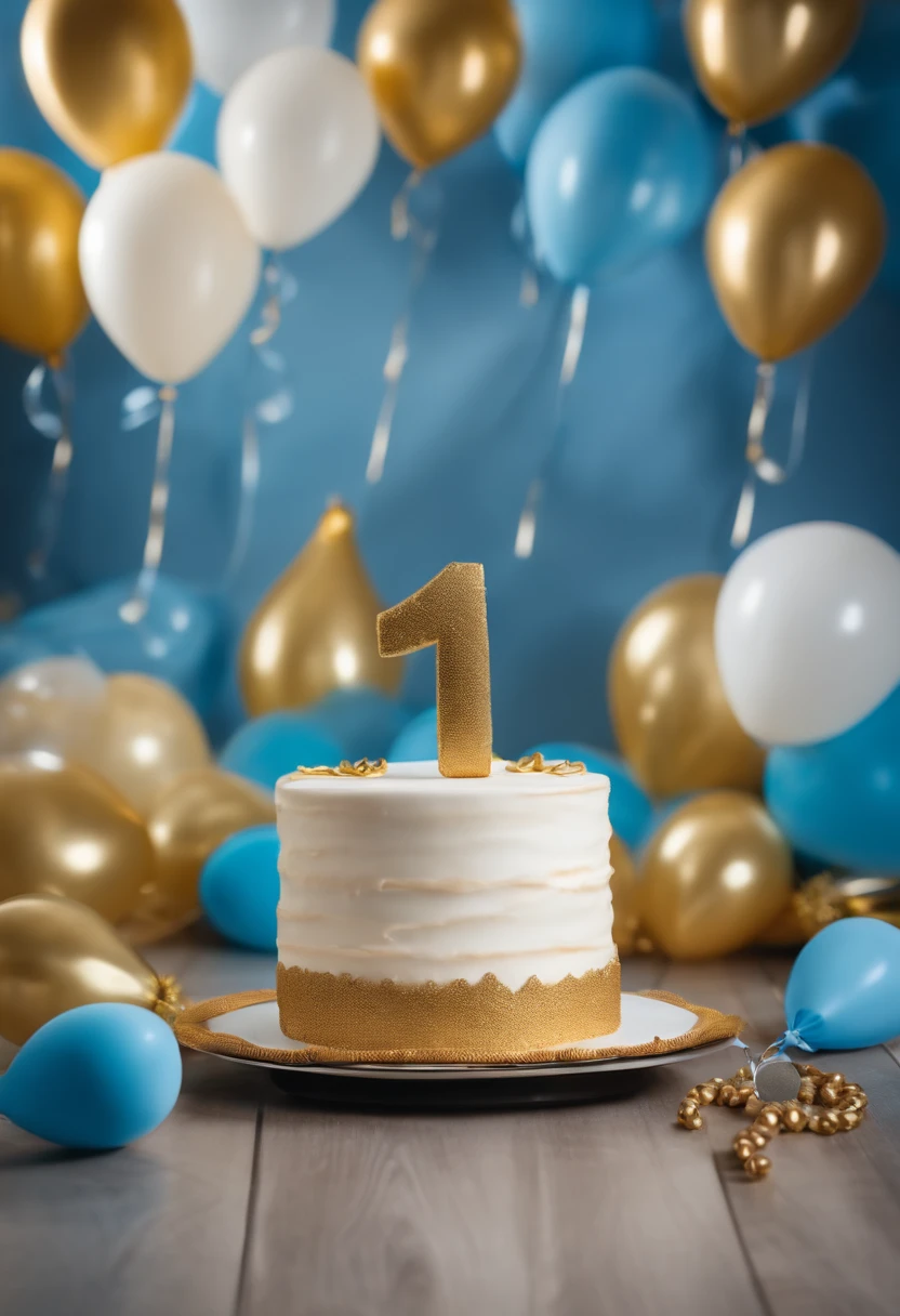 children's background with blue and gold balloons, a cake on the floor and a sailor decoration with the number 1