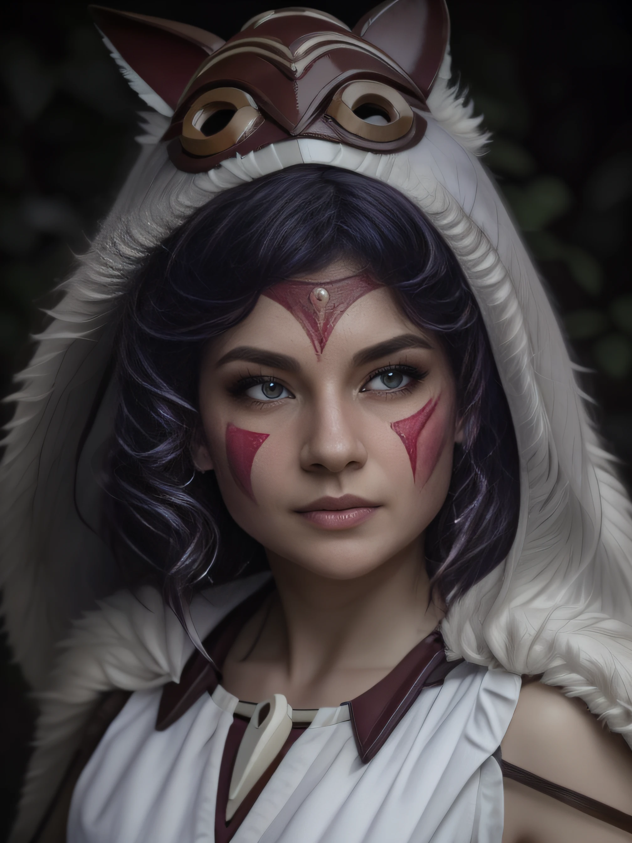 Princess Mononoke, hunting pose, searching, red mask, facepainting, fur cape, at night, sleeveless white shirt, tooth necklace, professional camera, professional photograph (best quality,4k,8k,highres,masterpiece:1.2),ultra-detailed,(realistic,photorealistic,photo-realistic:1.37), HDR, UHD, studio lighting, extreme detail description, professional, vivid colors, bokeh, portraits, fantasy, dark, moonlit, eerie, grayscale, Dramatic Lighting Note:The prompt uses multiple keywords to describe it,The main body of the picture is included、Material、Additional details、image quality、art-style、Aspects such as color tones and lighting。You can adjust the order and strength of your keywords on a case-by-case basis,But don't change the keyword itself。Please try to output as a Stable Diffusion prompt as required。
