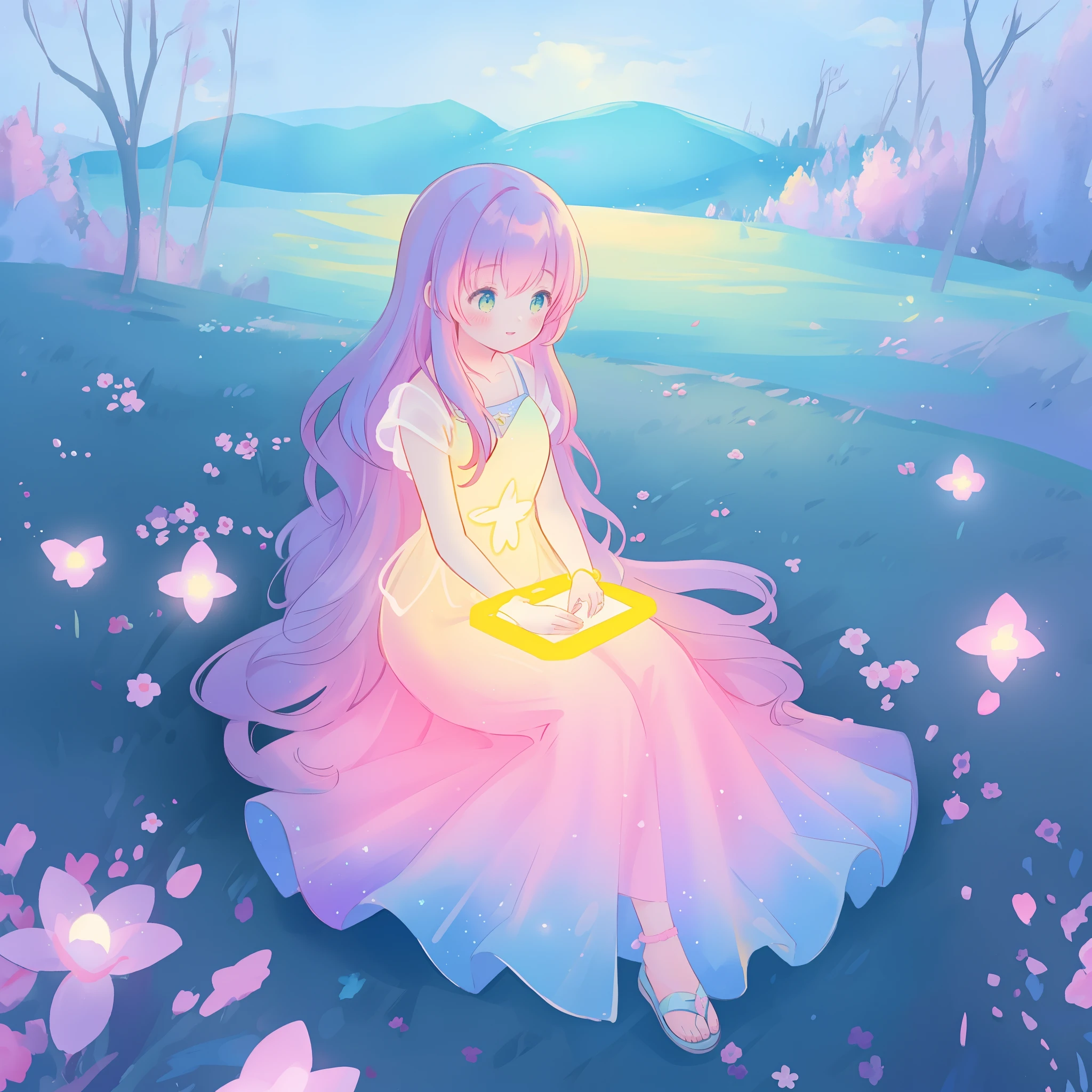 beautiful girl in gradient colorful dress, yellow pink purple fairy dress, beautiful girl sitting in a field with pink red flowers, puffy pink flowers, glowing lights, whimsical landscape, long dark blue flowing hair, watercolor illustration, inspired by Glen Keane, inspired by Lois van Baarle, disney art style, by Lois van Baarle, glowing aura around her, by Glen Keane, jen bartel, glowing lights! digital painting, flowing glowing hair, glowing flowing hair, beautiful digital illustration, fantasia otherworldly landscape plants flowers, beautiful, masterpiece, best quality, anime disney style