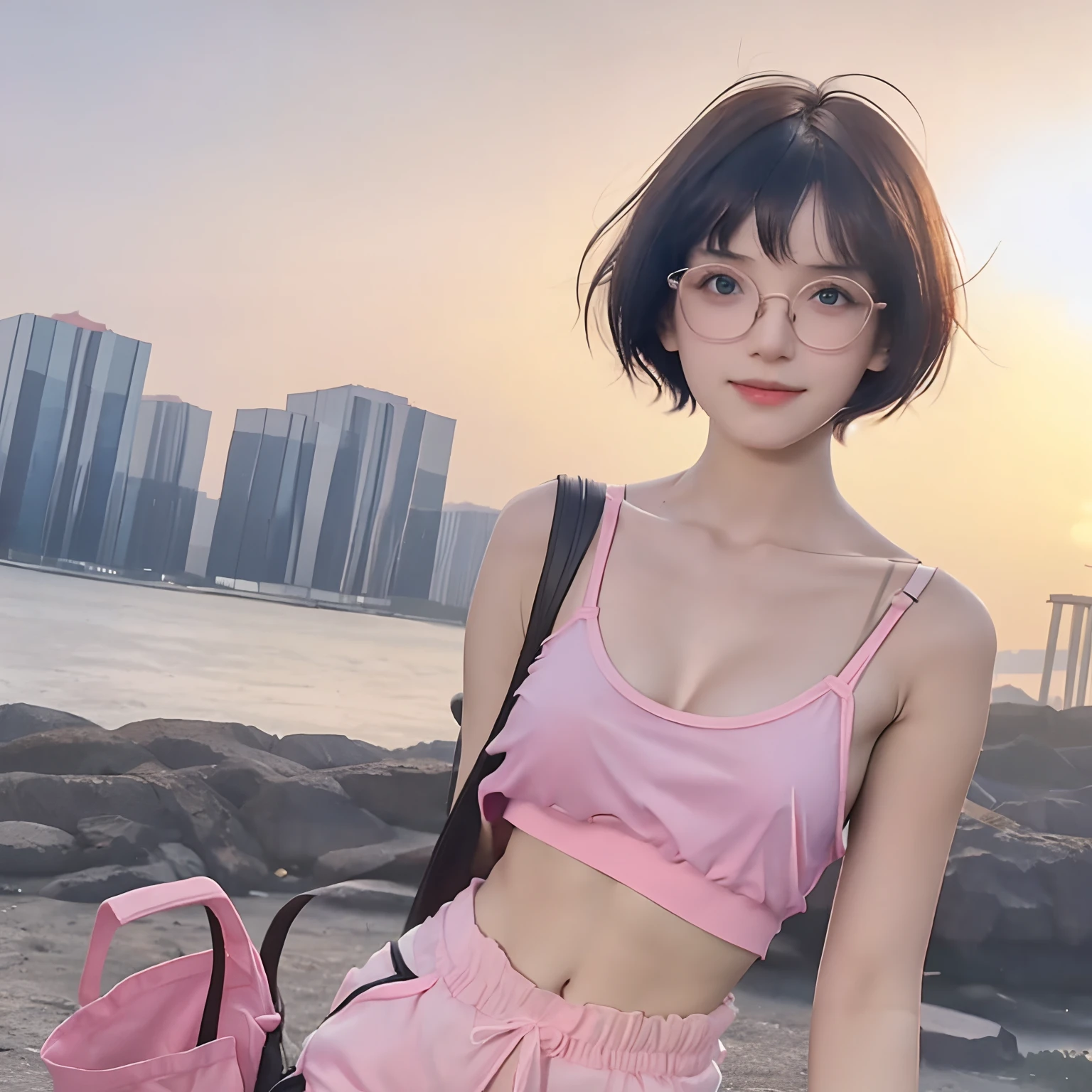 cute girl with black short bob hair and bangs, she is in eyeglasses, pink-strapped transparent white camisole, no bra, tiny breast, tits, erect nipples, erect tits, pink shorts, petite body, see-through, her skin bright, beautiful light blue eyes, sunset, tropical beach, she's doing selfie, 8k detailed high quality, nsfw, semi-realistic