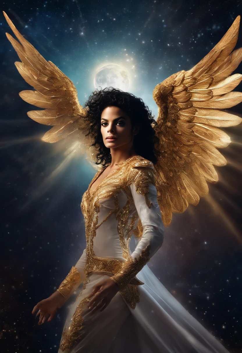 MICHAEL JACKSON AS A COSMIC ANGEL, olhos claros brilhantes, Biomechanicals, Eldritch, assustador, Pesadelo, cores muito brilhantes, light particles, com luz luminosa, Mshiff, Arte do papel de parede, Papel de parede UHD