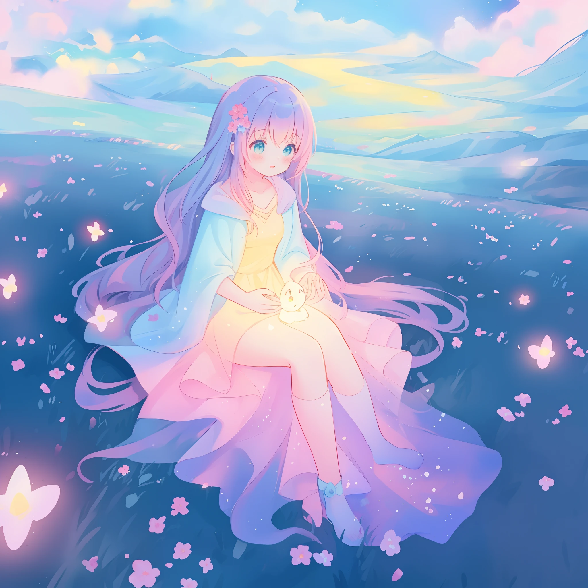 beautiful girl in gradient colorful dress, yellow pink purple fairy dress, beautiful girl sitting in a field with pink red flowers, puffy pink flowers, glowing lights, whimsical landscape, long dark blue flowing hair, watercolor illustration, inspired by Glen Keane, inspired by Lois van Baarle, disney art style, by Lois van Baarle, glowing aura around her, by Glen Keane, jen bartel, glowing lights! digital painting, flowing glowing hair, glowing flowing hair, beautiful digital illustration, fantasia otherworldly landscape plants flowers, beautiful, masterpiece, best quality, anime disney style