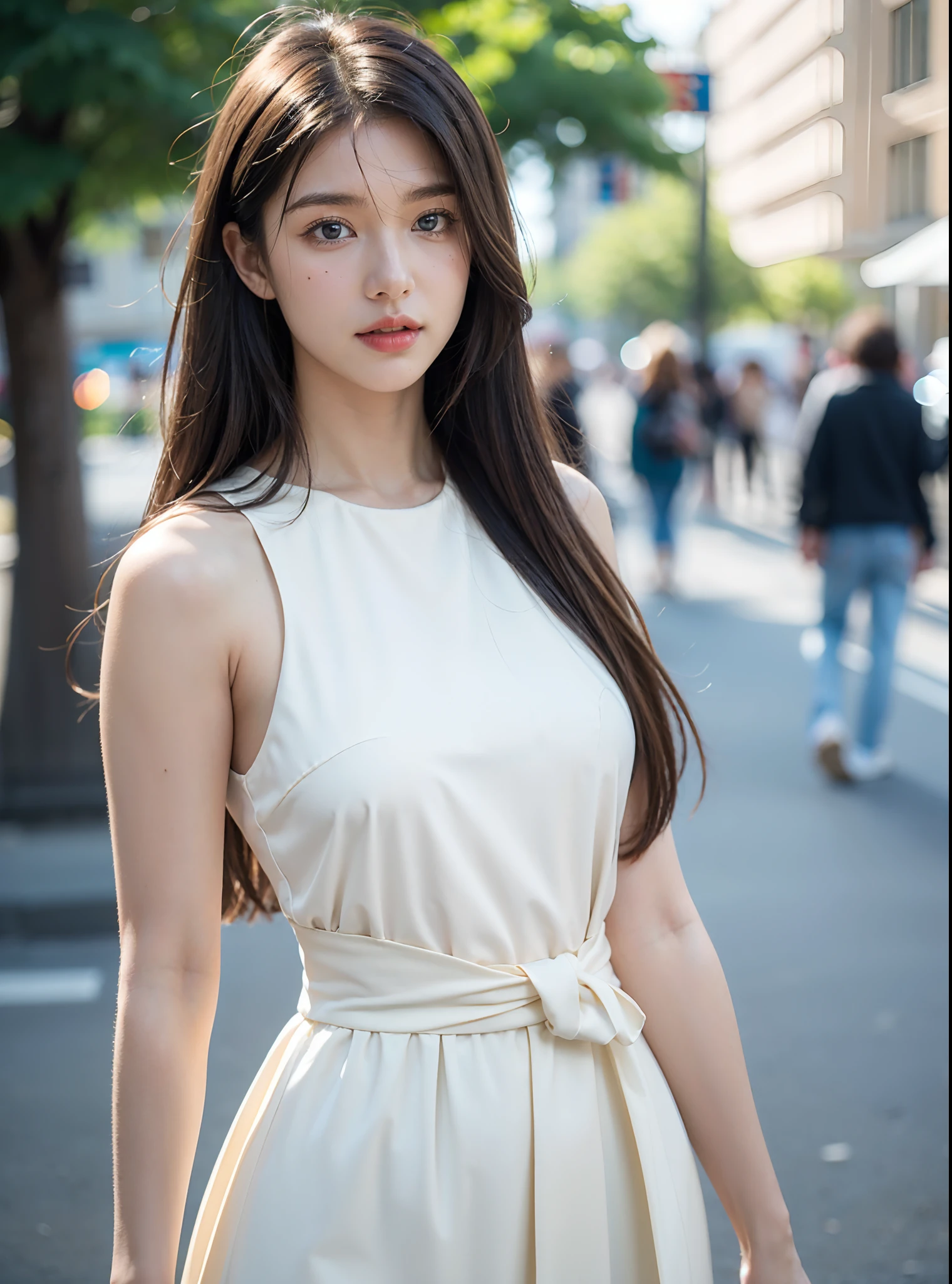 (Best quality, 8k, 32k, Masterpiece, UHD:1.2), photorealistic:1.37,Photo   masterpiece, best quality, raw photo,  uhd, 1girl,  long hair, hair shiny,brown hair, seductive, white dress, [messy-half-ponytail|bobcut] middle_parting_hairstyle, looking at viewer, on street, intricate detail, detailed background, detailed skin, pore, highres, hdr, look at viewer, from frontal, full body focus, street snaps, depth of field,  detailed details, anatomically correct,  (photorealistic, SFW:1.3), (upper body from waist framing:1.2), renaissance background, natural lighting, golden_ratio, shot on Kodak Vision3 IMAX, Fujicolor_Pro_Film,