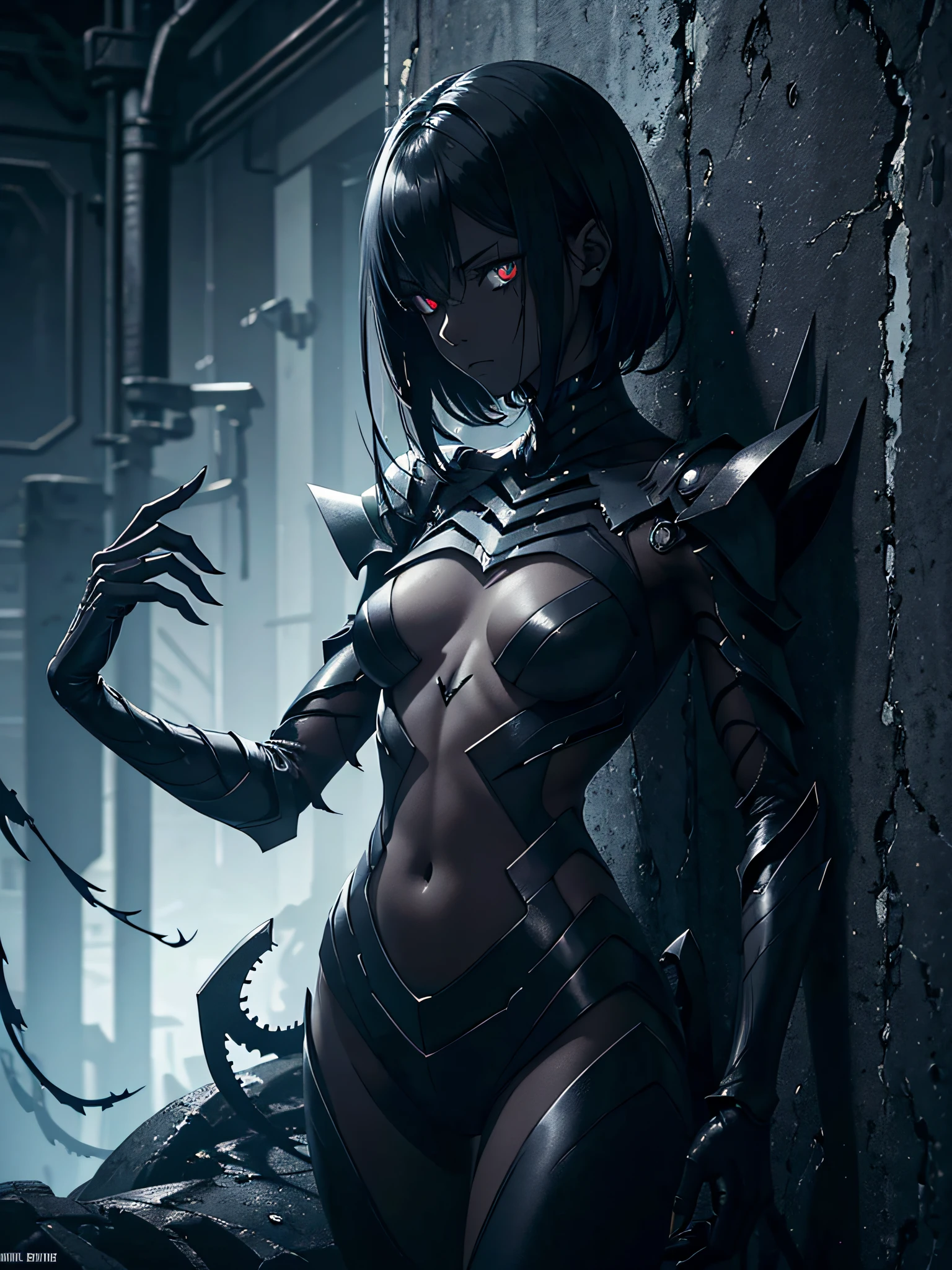 full body portrait, loneliness, concept character, dark girl, gloomy, monster girl, (dark black skin), steel skin, empty eyes, empty eye sockets, abyssal eyes, indifference and unbrokenness look, black wire hair, wires as hair, sharp clothing, short clothes, minimum clothing, less clothing, minimum clothing, open belly, glossy skin, sharp mantis blades, arms raised, hands raised, hold on to the wall, dark endless labyrinth, lots of mechanized spiders, gloomy atmosphere, dystopian, highly detailed, cold lighting, black sky, highly detailed face