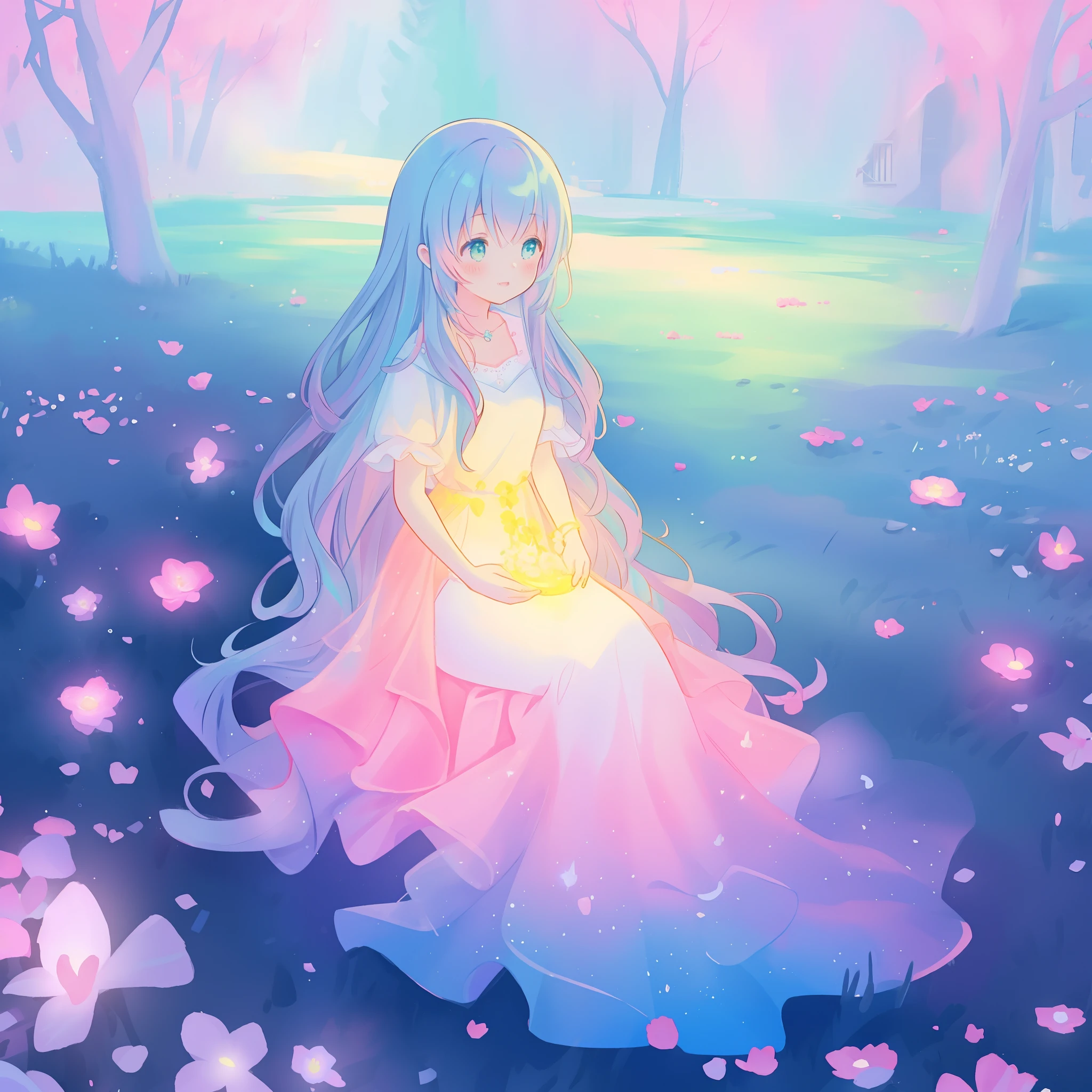beautiful girl in gradient colorful dress, yellow pink purple fairy dress, beautiful girl sitting in a field with pink red flowers, puffy pink flowers, glowing lights, whimsical landscape, long dark blue flowing hair, watercolor illustration, inspired by Glen Keane, inspired by Lois van Baarle, disney art style, by Lois van Baarle, glowing aura around her, by Glen Keane, jen bartel, glowing lights! digital painting, flowing glowing hair, glowing flowing hair, beautiful digital illustration, fantasia otherworldly landscape plants flowers, beautiful, masterpiece, best quality, anime disney style