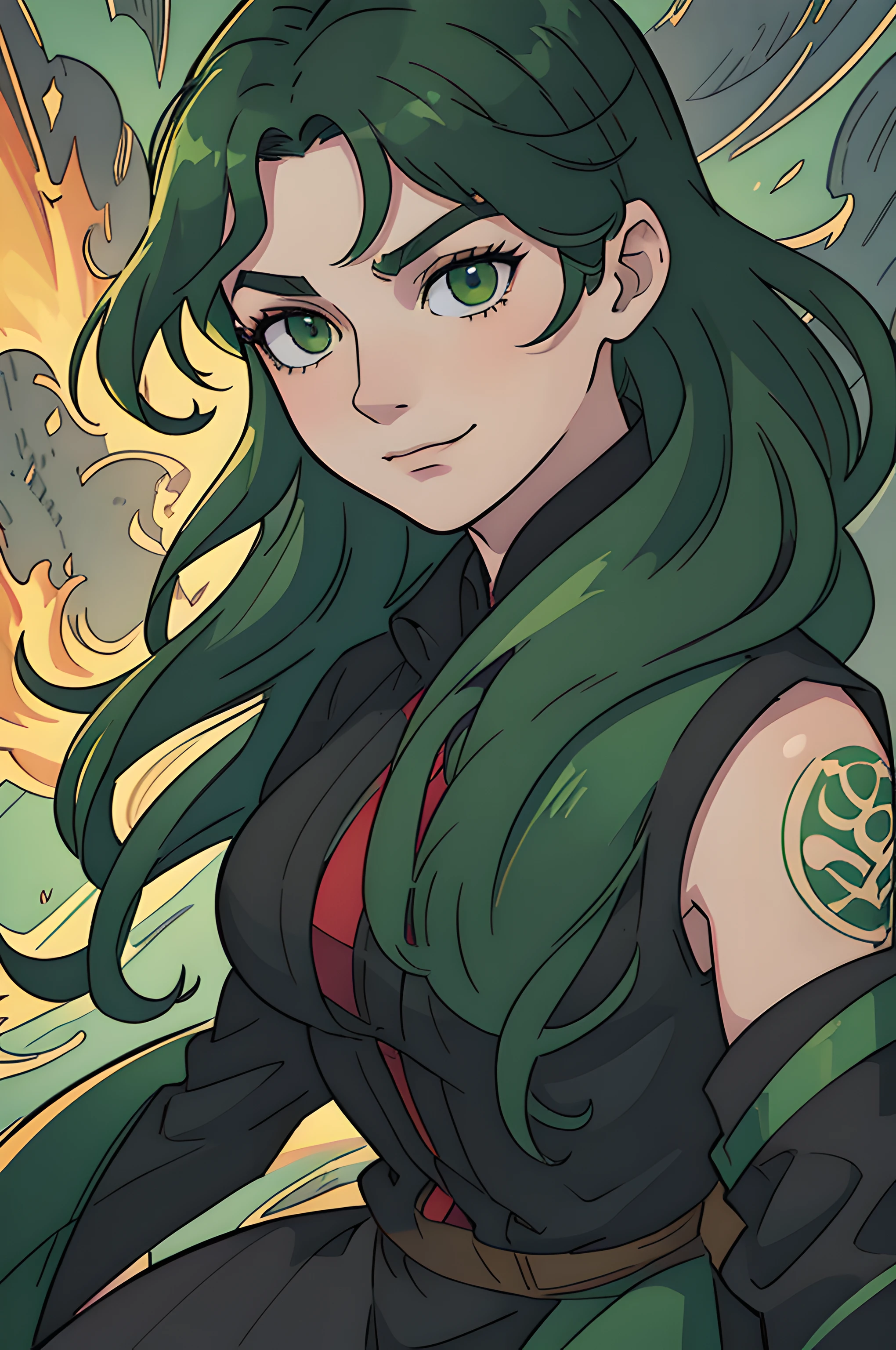 beautiful, 21, linework, thick outlines, strong shadows, 1 guy, adult (elven:0.7) man, green eyes, dark green blowout hair, strait hair, solo, portrait, detailed background, hair, detailed face, smirk, dynamic pose, green color scheme, black clothes, looking strait, autumn swirling in the air, cinematic atmosphere, persona 5 style