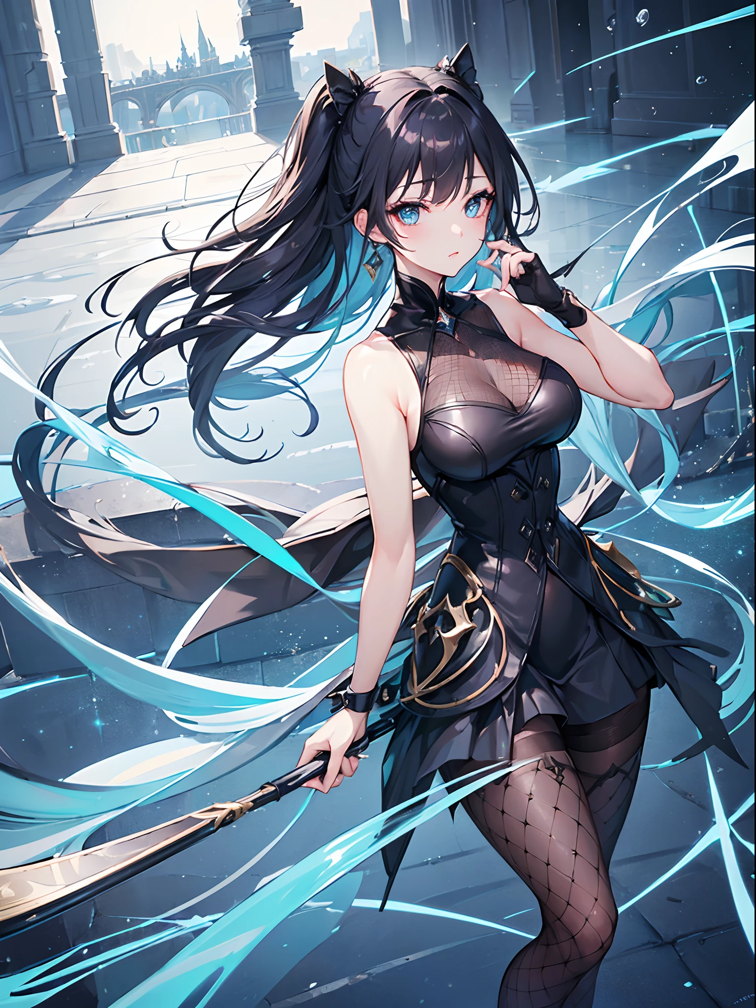 (((Exquisite))) fishnet tights, high-quality details, flowing, dynamic, (1 Female), light eyes, Energetic, seductive front and back, Silk texture, Introducing a high-quality texture, Huge bubbles, soft light, Full of reality, At the moment, This girl is in a fantasy world.