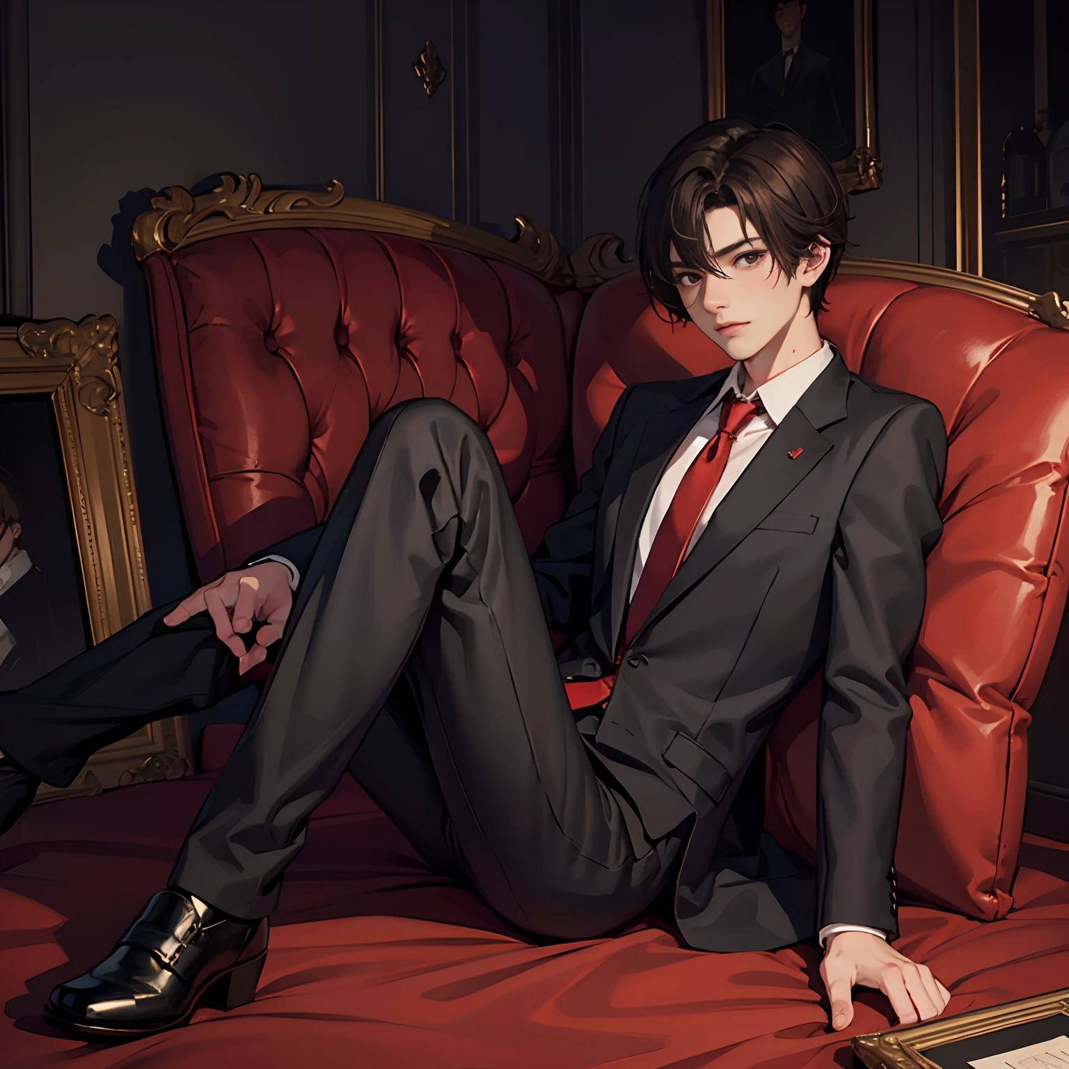 One young man, Full body, Suit, Loose red tie, Bewitching room, Dark hair, Blushing slightly, laying on back, Staring at this, Big black eyes, Short hair