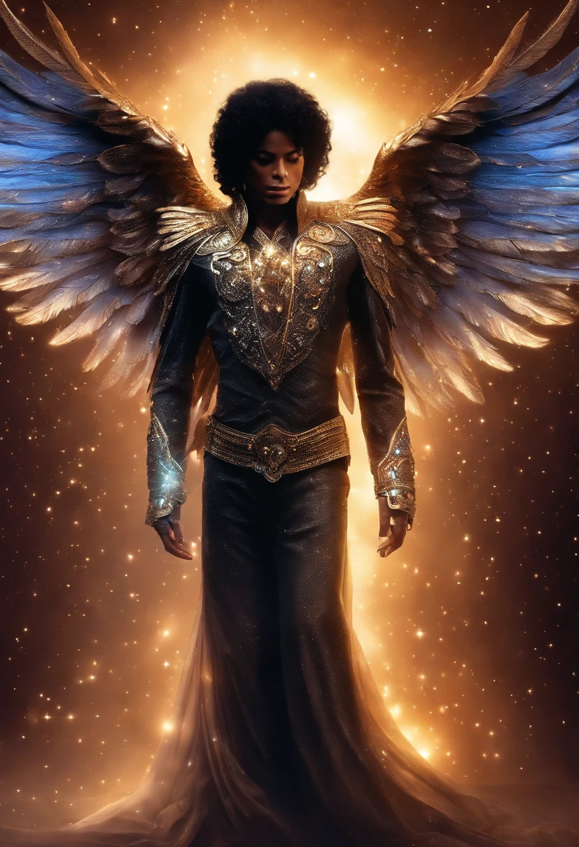 MICHAEL JACKSON AS A COSMIC ANGEL, IMAGEM brilhantes,asas, Biomechanical angel wings, Eldritch, SURREAL, cores muito brilhantes, light particles, com luz luminosa, Mshiff, Arte do papel de parede, Papel de parede UHD