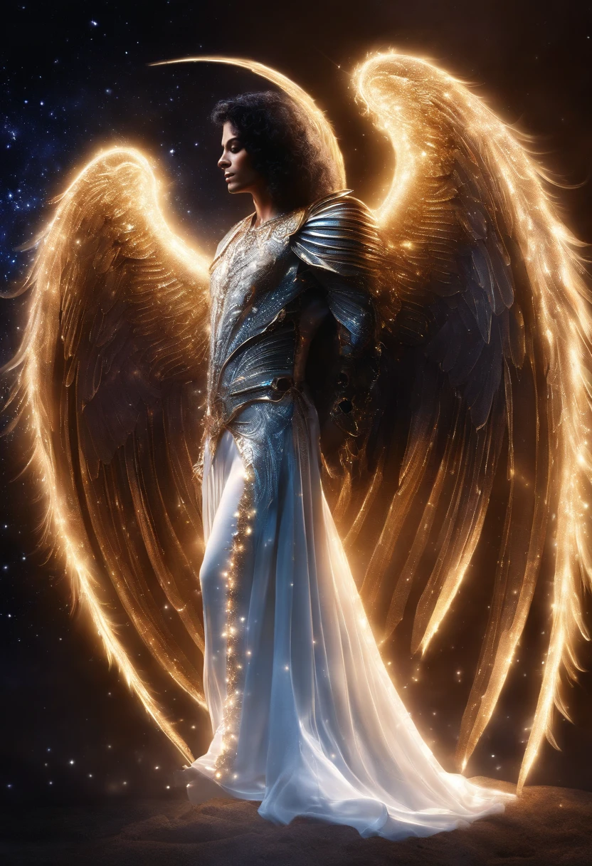 MICHAEL JACKSON AS A COSMIC ANGEL, IMAGEM brilhantes,asas, Biomechanical angel wings, Eldritch, SURREAL, cores muito brilhantes, light particles, com luz luminosa, Mshiff, Arte do papel de parede, Papel de parede UHD