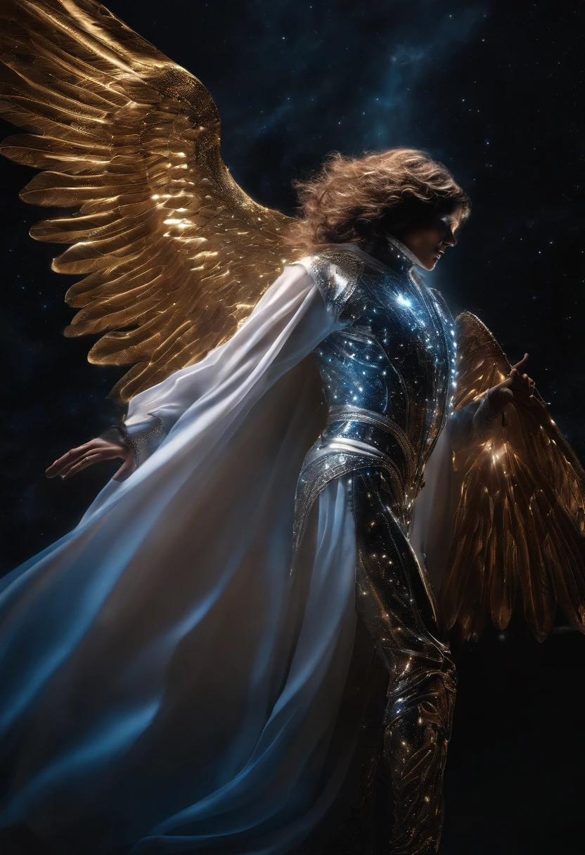 MICHAEL JACKSON AS A COSMIC ANGEL, IMAGEM brilhantes,asas, Biomechanical angel wings, Eldritch, SURREAL, cores muito brilhantes, light particles, com luz luminosa, Mshiff, Arte do papel de parede, Papel de parede UHD
