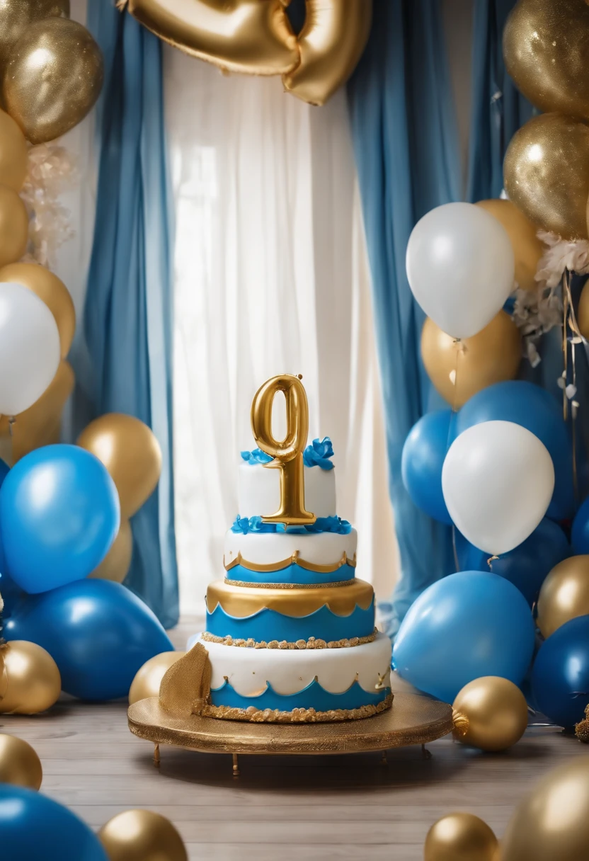 children's background with blue and gold balloons, a cake on the floor and a sailor decoration with the number one