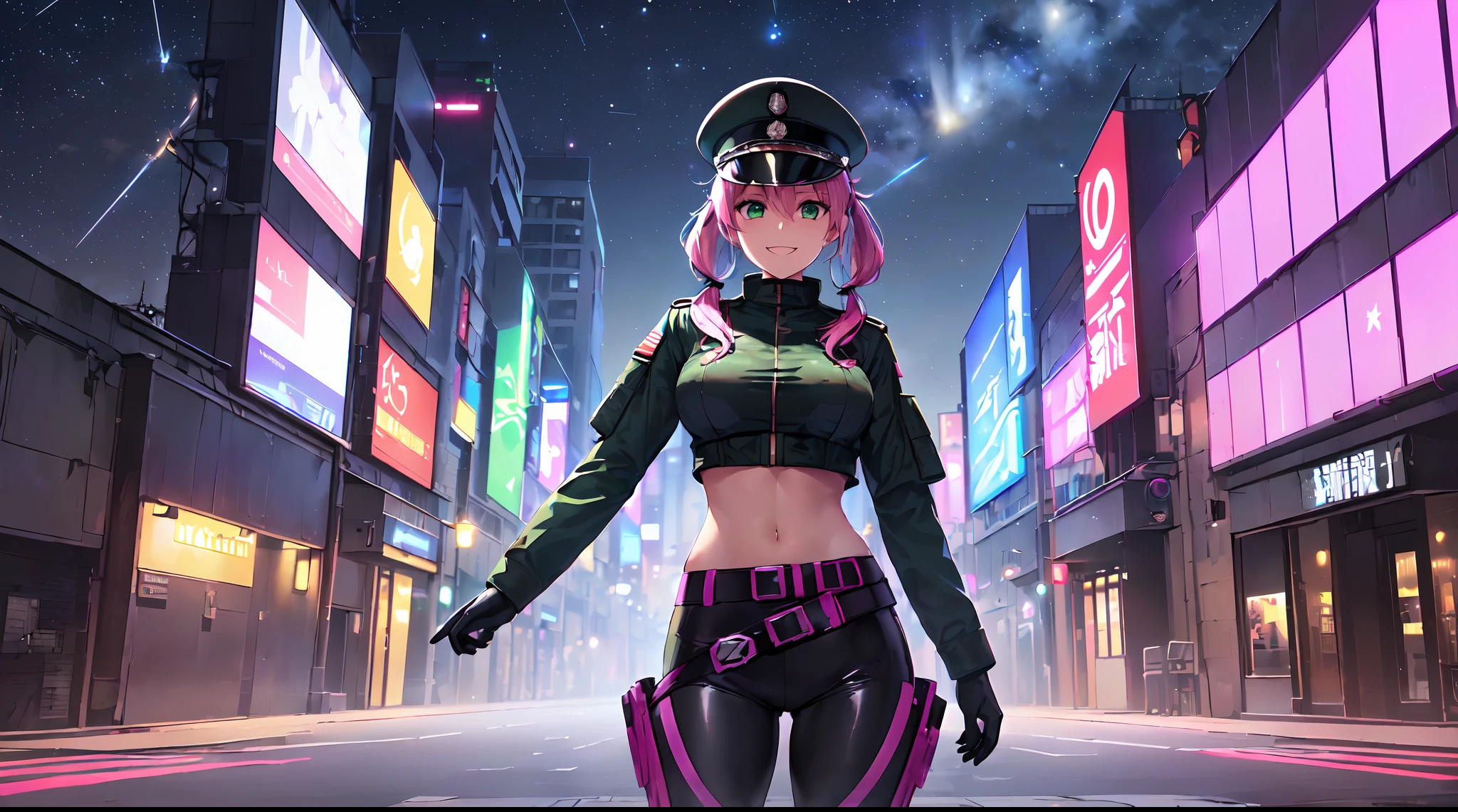 masterpiece:1.4, 1girl ((20year old, dressed in a purple tight futuristic military crop top, tight black leggings; knee high boots, medium breasts, multicolor pink hair, twin ponytails, perfect model body, green eyes:1.5, wearing a futuristic purple military uniform and military cap, flirting, happy, big smile, standing in front of a futuristic military base at night:1.3, soldiers and futuristic military buildings in the background:1.2)) ((solo:1.6)) ((night sky:1.3))