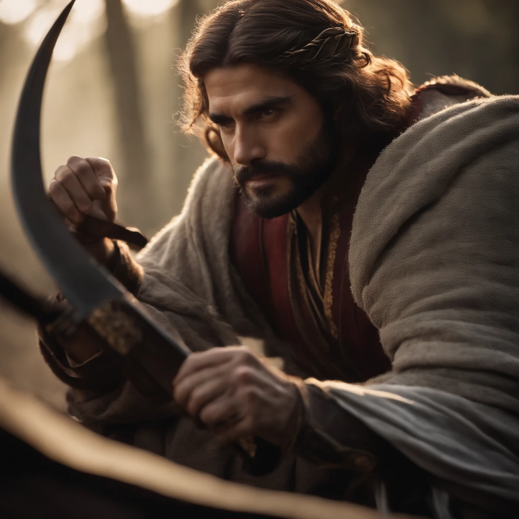 "A man with a crown on his head and a sword in his hand, em um ambiente majestoso e iluminado, in a sophisticated and detailed artistic style, com um cabelo ruivo, vermelho, barba vermelha." o fundo da imagem no campo