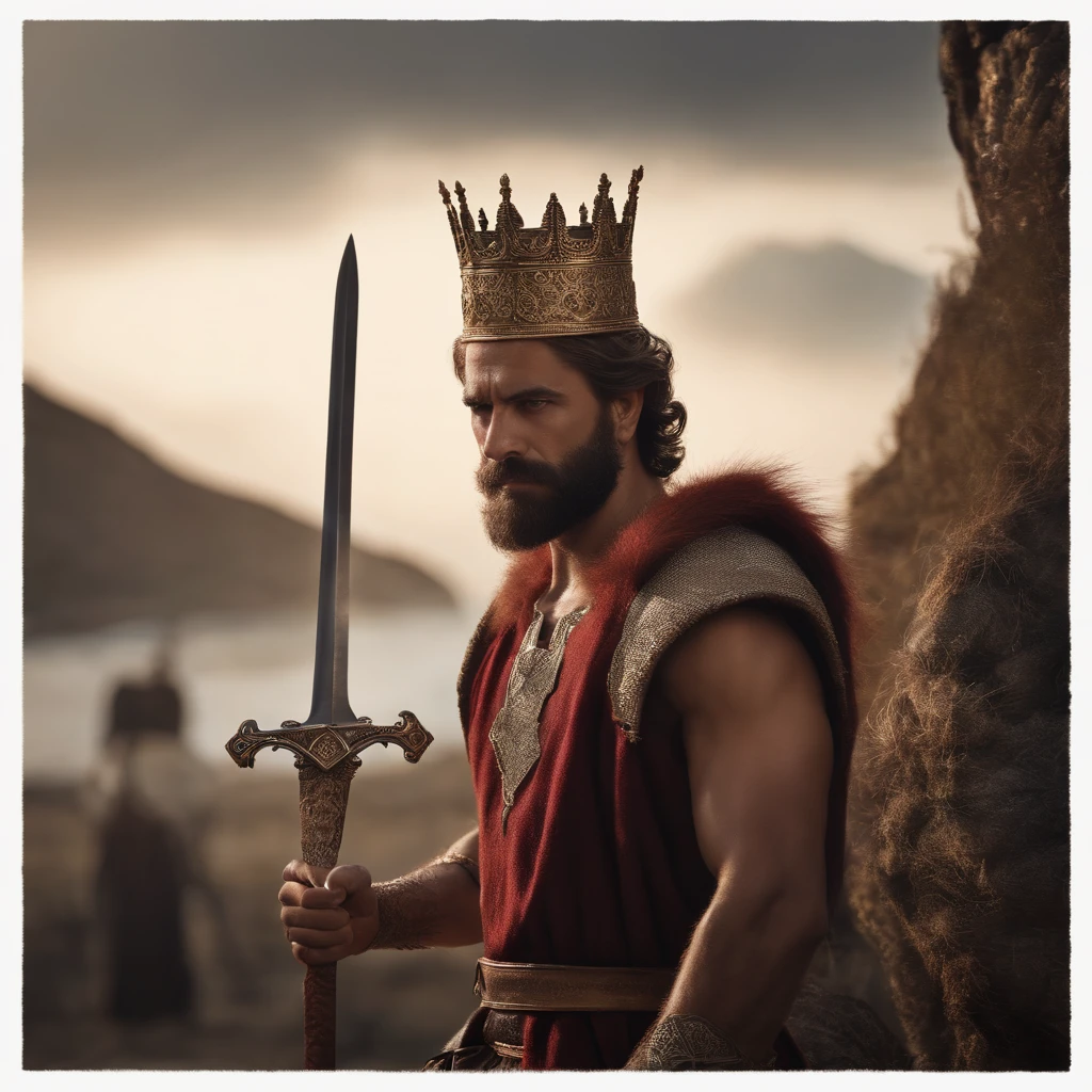 "A man with a crown on his head and a sword in his hand, em um ambiente majestoso e iluminado, in a sophisticated and detailed artistic style, com um cabelo ruivo, vermelho, barba vermelha." o fundo da imagem no campo