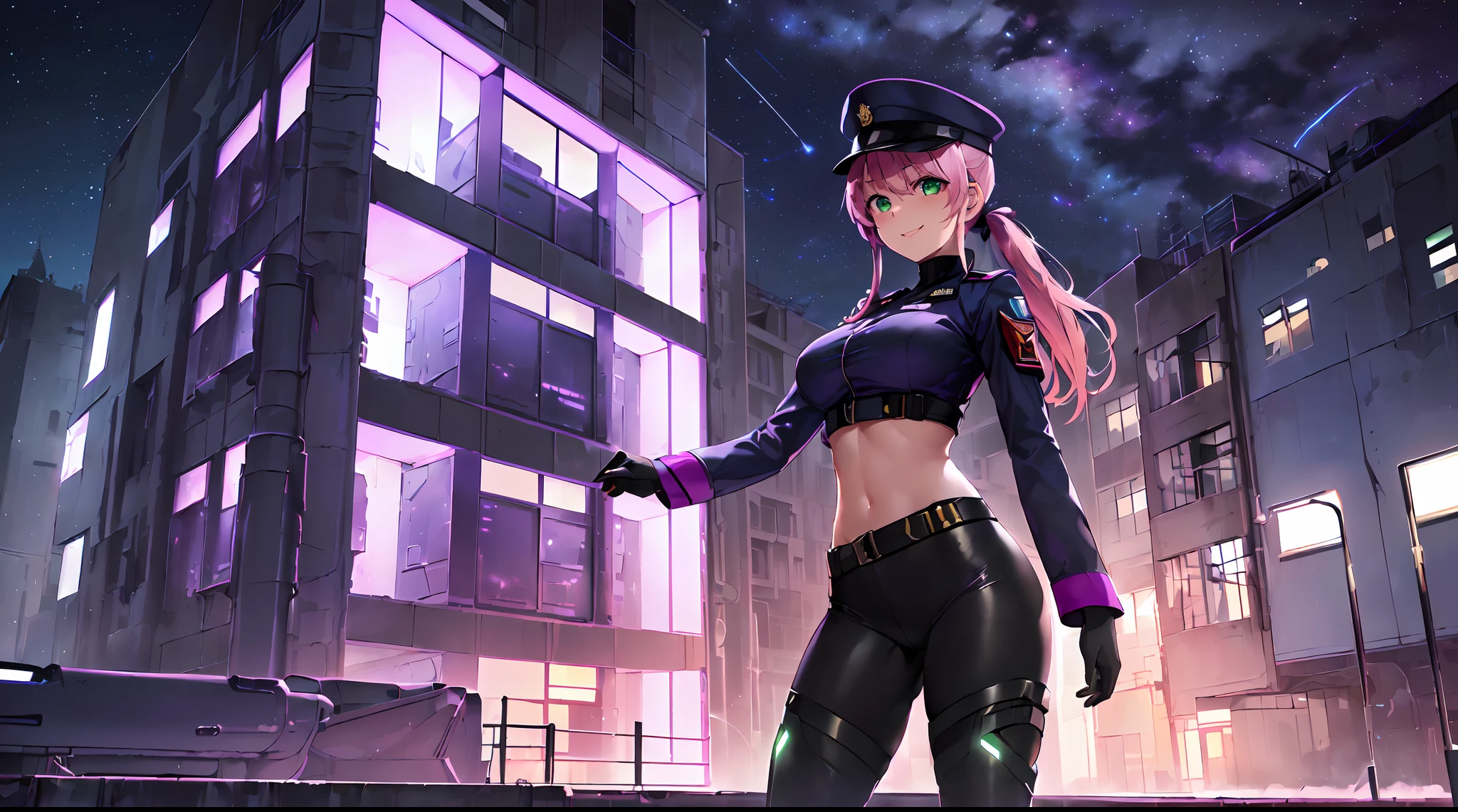 masterpiece:1.4, 1girl ((20year old, dressed in a purple tight futuristic military crop top, tight black leggings; knee high boots, medium breasts, multicolor pink hair, twin ponytails, perfect model body, green eyes:1.5, wearing a futuristic purple military uniform and military cap, flirting, happy, big smile, standing in front of a futuristic military base at night:1.3, soldiers and futuristic military buildings in the background:1.2)) ((solo:1.6)) ((night sky:1.3))