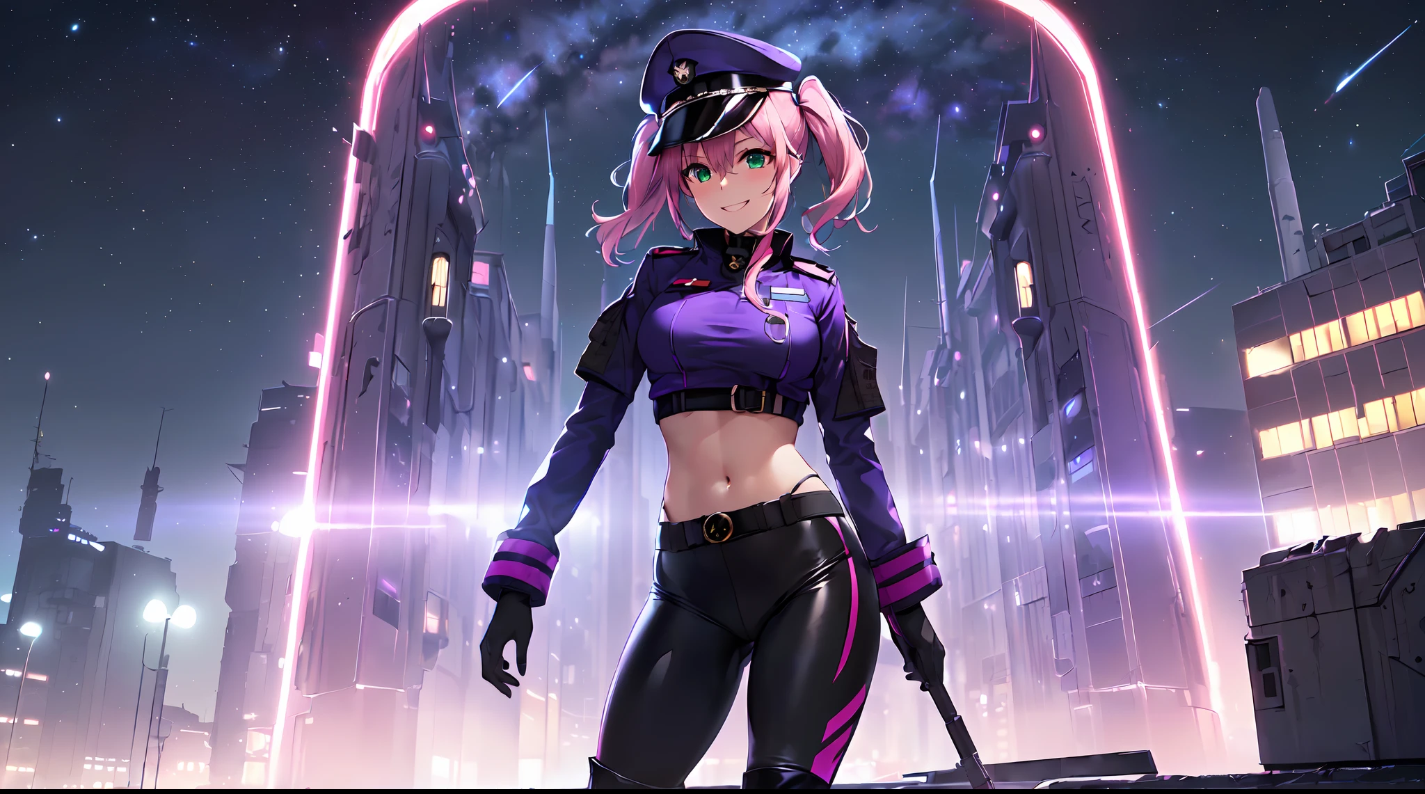 masterpiece:1.4, 1girl ((20year old, dressed in a purple tight futuristic military crop top, tight black leggings; knee high boots, medium breasts, multicolor pink hair, twin ponytails, perfect model body, green eyes:1.5, wearing a futuristic purple military uniform and military cap, flirting, happy, big smile, standing in front of a futuristic military base at night:1.3, soldiers and futuristic military buildings in the background:1.2)) ((solo:1.6)) ((night sky:1.3))