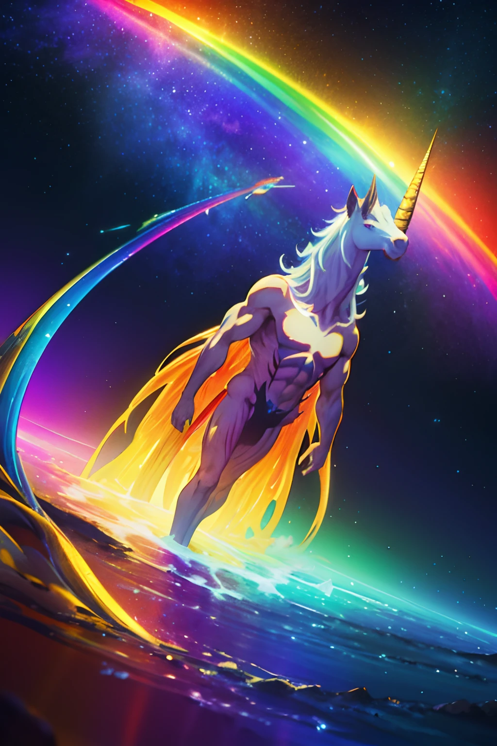 master part, Necessidade do Bem, 1 Homem, adulto, mulher madura, Tall-muscled man, tema escuro, magical array, Bolhas, rainbow light, underwater, espelho, Folhas de vidro flutuantes, rainbow light, Redemoinho de Bolhas, wind vortex, aurora, paisagem de fantasia, Luz das estrelas ao redor do personagem, (parte superior do corpo), Nu na parte superior do corpo, with a unicorn tattoo
