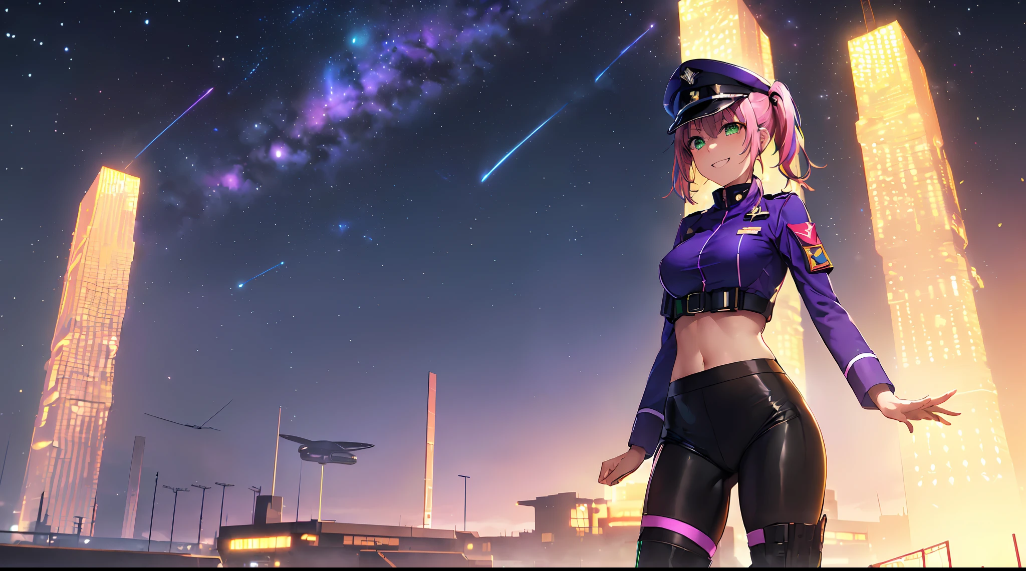 masterpiece:1.4, 1girl ((20year old, dressed in a purple tight futuristic military crop top, tight black leggings; knee high boots, medium breasts, multicolor pink hair, twin ponytails, perfect model body, green eyes:1.5, wearing a futuristic purple military uniform and military cap, flirting, happy, big smile, standing in front of a futuristic sci-fi military base at night:1.3, soldiers and futuristic military buildings in the background:1.2)) ((solo:1.6)) ((night sky:1.3))