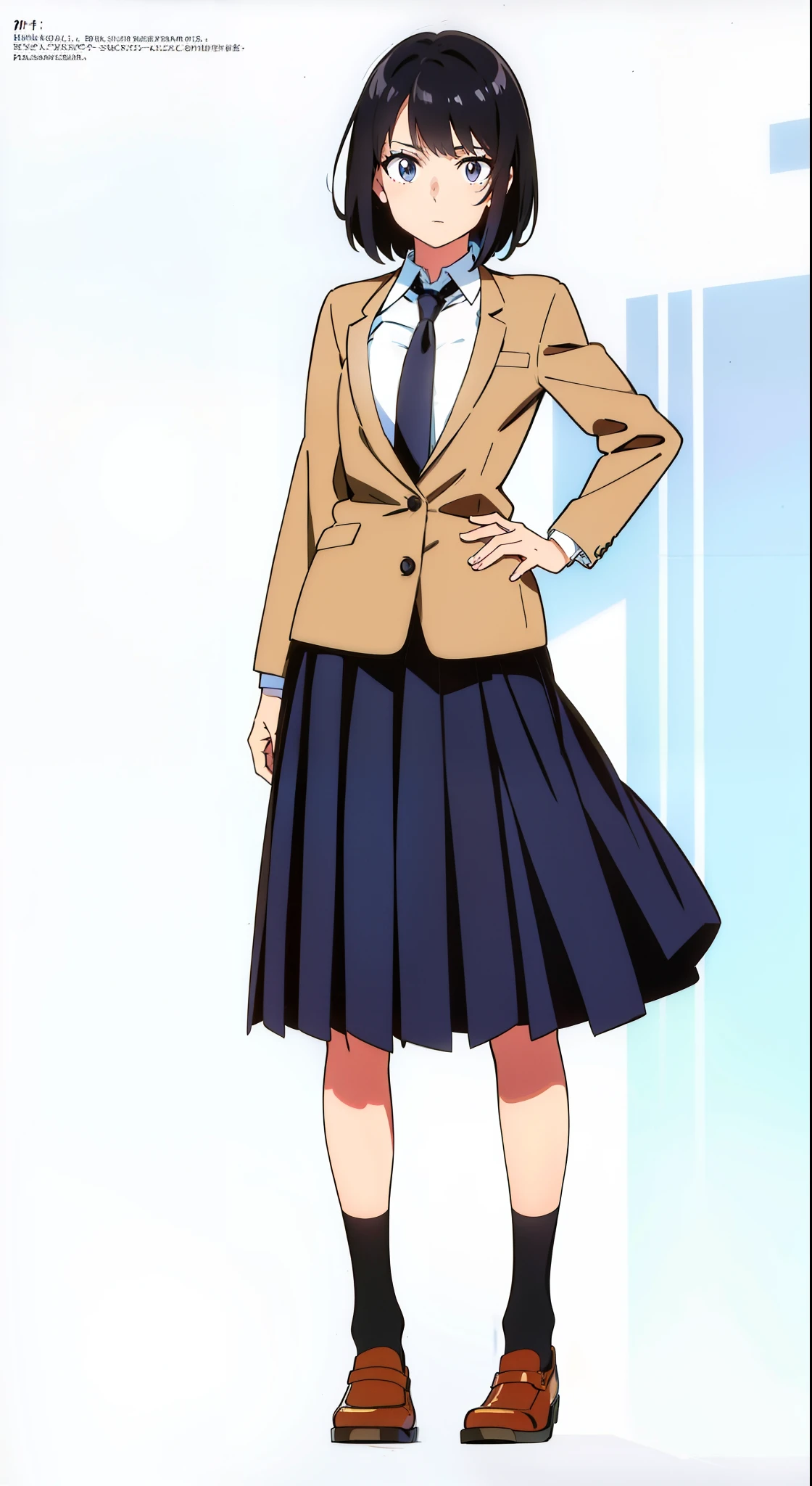 (dynamic pose:1.5), (white background:1.1), (best quality:1.1), (masterpiece:1.1), (full body:1.0), (solo:1.0), (a 18yo cute girl:1.0), (long skirt:0.9), (dark blue skirt:1.0), (pleated skirt:1.0), (school uniform beige blazer:1.0), (dark blue necktie:1.0), (black socks:1.0), (loafers:1.0), (lanky:1.1), (tall:1.1), (slender:1.1), (small breasts:1.1), (detailed beautiful eyes:1.0), (detailed beautiful face:1.0), (glowing black eyes:1.0), (short hair:1.0), (strait hair:1.0), (black hair:1.0)