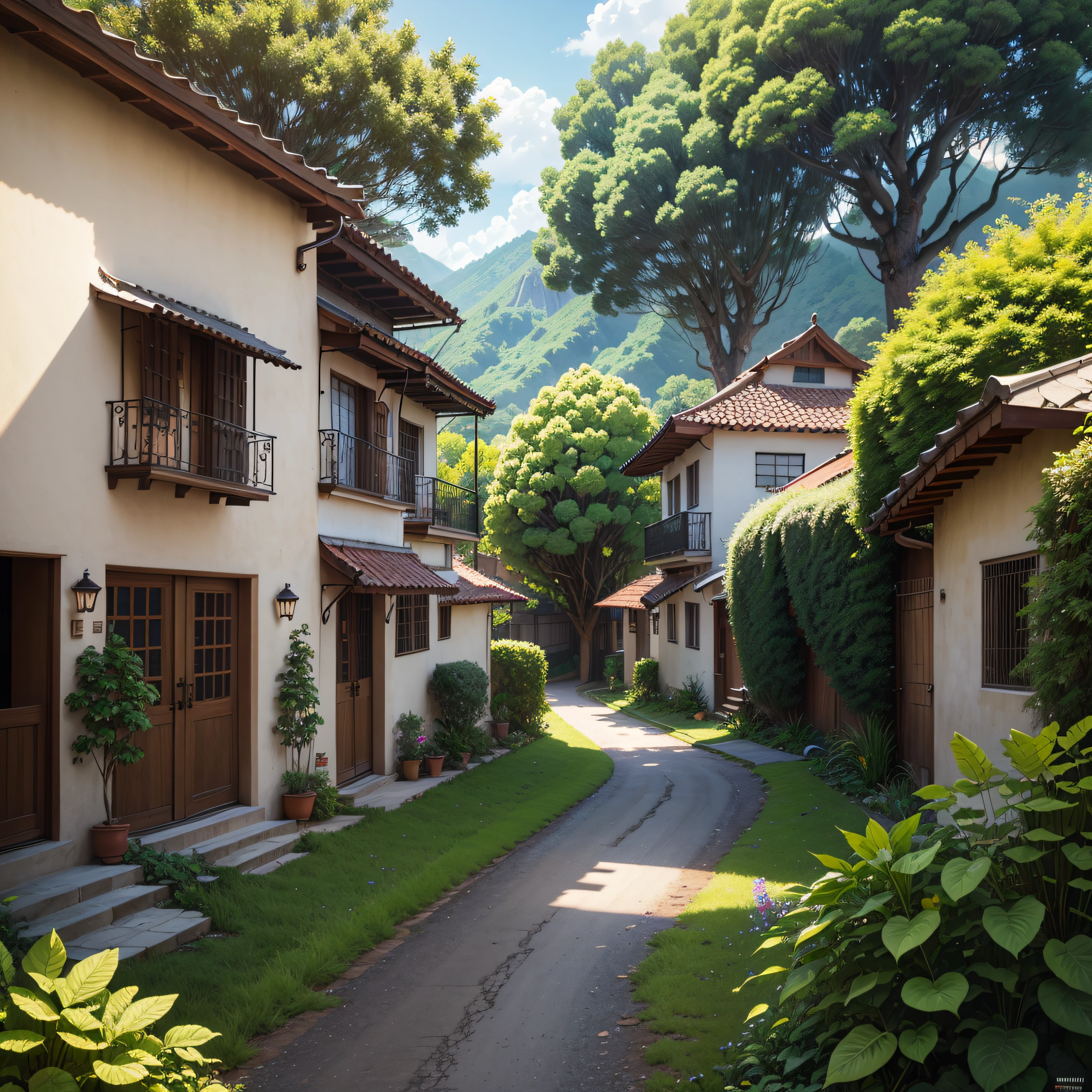 (Colombian town Landscape), (Medallin Style), cartoon, Colombian townhouse, road, bend, small house, tree, pole, white cloud, landscape, outdoor, green trees,  luscious green gardens flourish, serene lakes. A harmonious fusion of futuristic society integrated with nature's beauty. Rich colors create a visually captivating. High detailed and intricate. 8K Ultra HD  epic composition, realistic lighting, high-definition detail, masterpiece, the best quality, (very detailed CG unified 8k wallpaper),