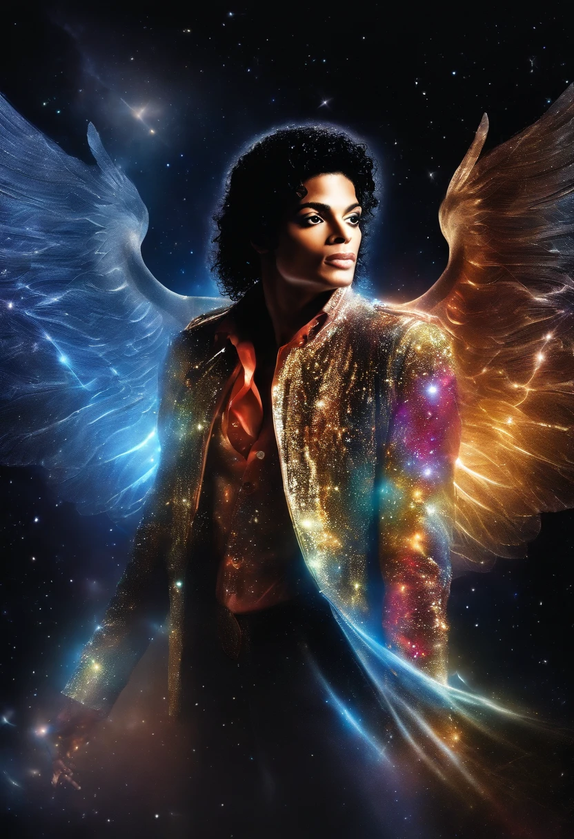 MICHAEL JACKSON AS A COSMIC ANGEL, IMAGEM brilhantes, asas, asas anjo, universo, galaxia,, SURREAL, cores muito brilhantes, light particles, com luz luminosa, Mshiff, Arte do papel de parede, Papel de parede UHD