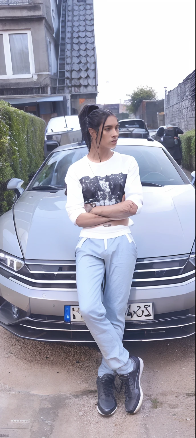 Hintergrund Cyberpunk,Auto Lamborghini Hurakan,und Auto Farbe Gelb, Clothes Suit Black and White, und auf den Kopf eine Krone