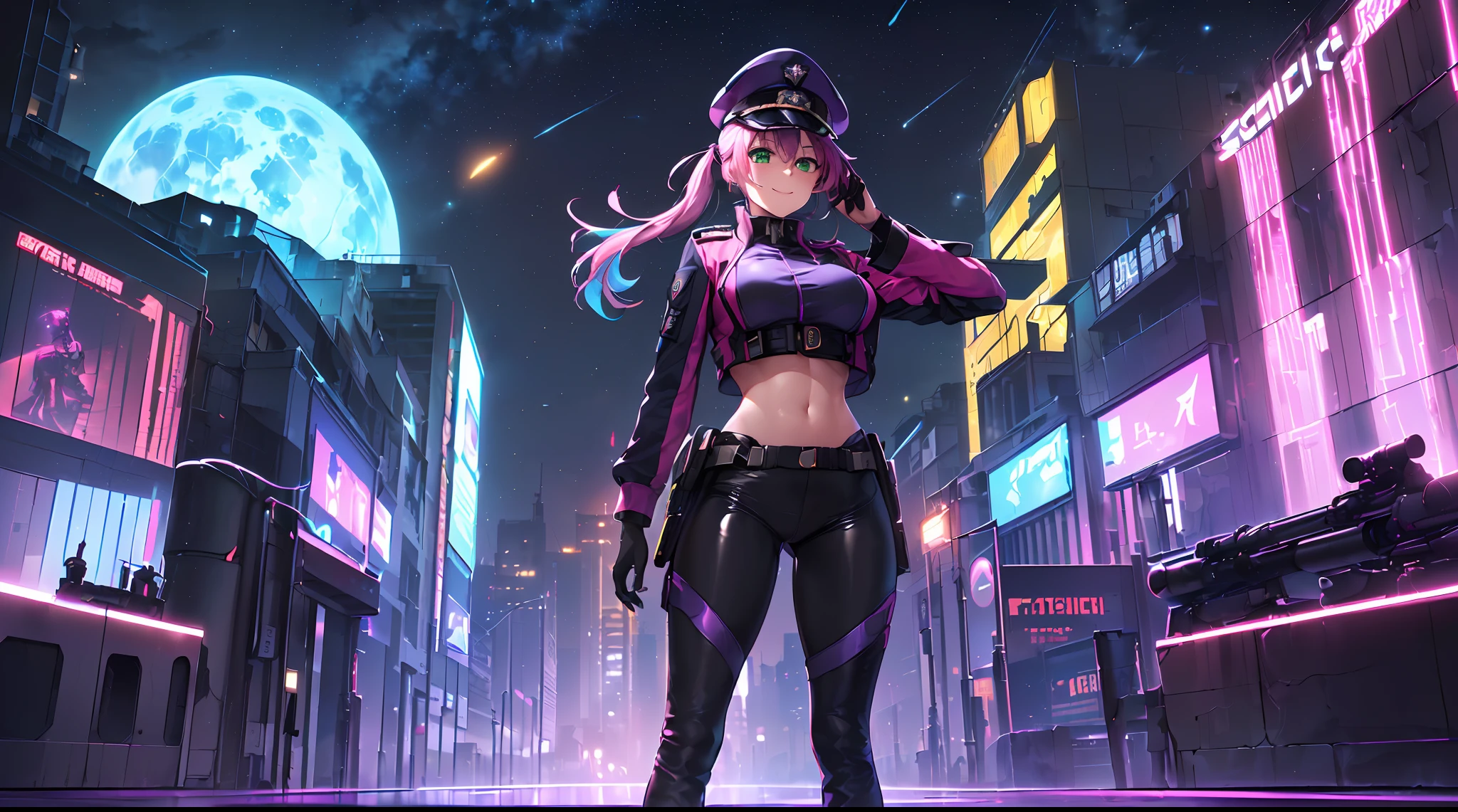 masterpiece:1.4, 1girl ((20year old, dressed in a purple tight futuristic military crop top, tight black leggings; knee high boots, medium breasts, multicolor pink hair, twin ponytails, perfect model body, green eyes:1.5, wearing a futuristic purple military uniform and military cap, flirting, happy, big smile, standing in front of a futuristic sci-fi military base at night:1.3, soldiers and futuristic military buildings in the background:1.2)) ((solo:1.6)) ((night sky:1.3))