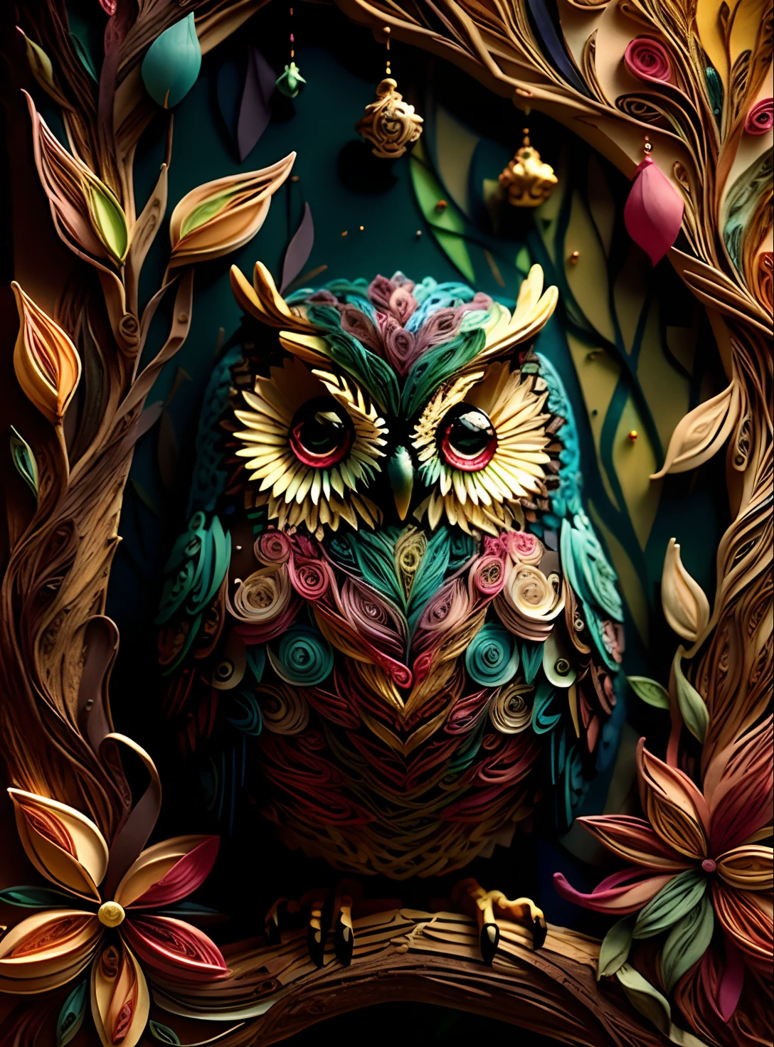 "Owl in the Enchanted Forest, Multidimensional quilling paper, Art Book, Chibi, yang08k, Beautiful, Colorful, Masterpieces, of the highest quality, Best Quality, Official art, Beautiful and aesthetic, (16k ultra-realistic)"