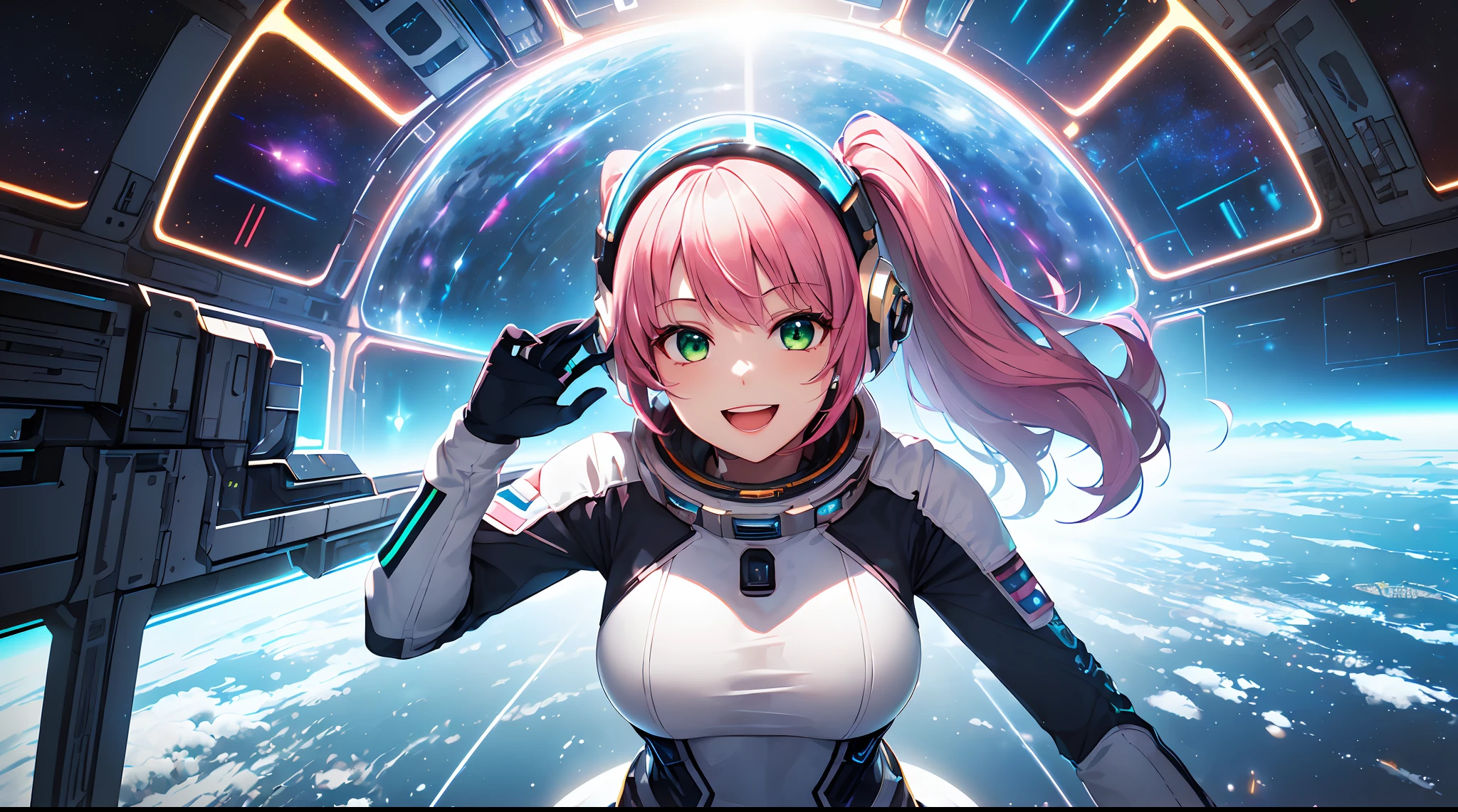 masterpiece:1.4, 1girl ((20year old, dressed in a tight futuristic space suit, medium breasts, multicolor pink hair, twin ponytails, perfect model body, green eyes:1.5, wearing a futuristic sci-Fi space helmet, flirting, happy, big smile, floating in space:1.3, futuristic space station in the background:1.2)) ((solo:1.6)) ((galaxy sky:1.3))