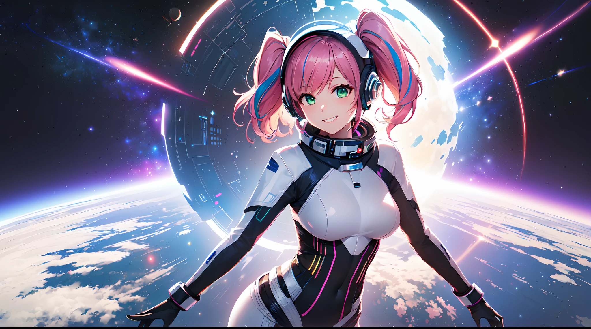 masterpiece:1.4, 1girl ((20year old, dressed in a tight futuristic space suit, medium breasts, multicolor pink hair, twin ponytails, perfect model body, green eyes:1.5, wearing a futuristic sci-Fi space helmet, flirting, happy, big smile, floating in space:1.3, futuristic space station in the background:1.2)) ((solo:1.6)) ((galaxy sky:1.3))